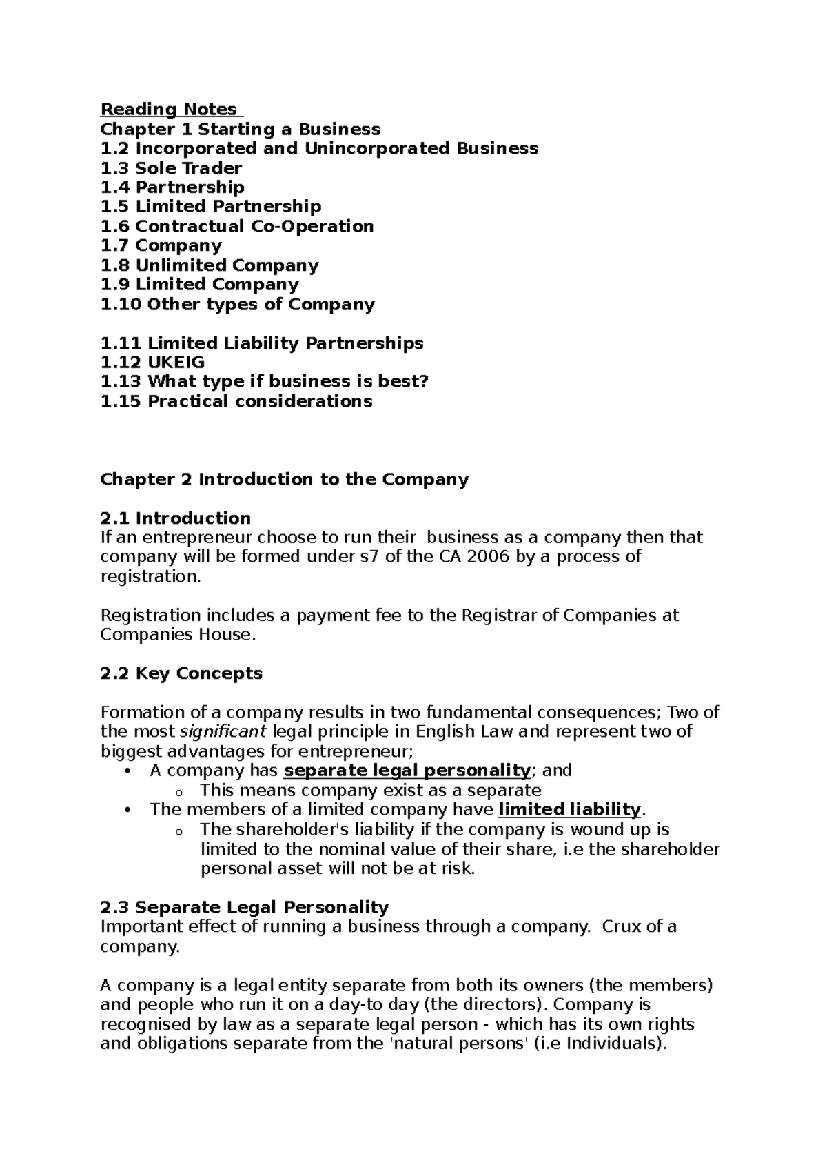 2. Separate Legal Personality - Reading Notes - Reading Notes Chapter 1 ...