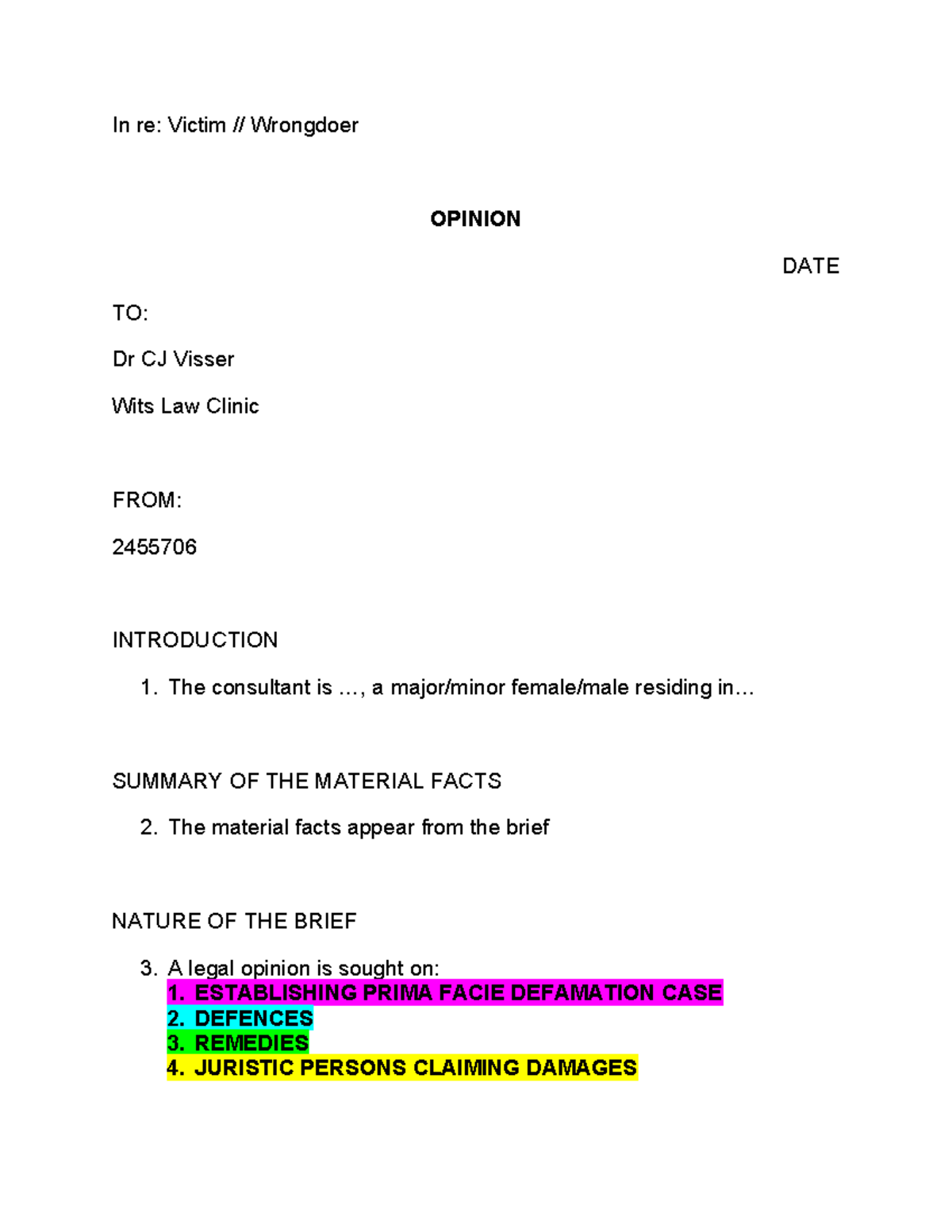 Delict 2455706 JUNE EXAM Legal Memo on Defamation and Remedies - Studocu