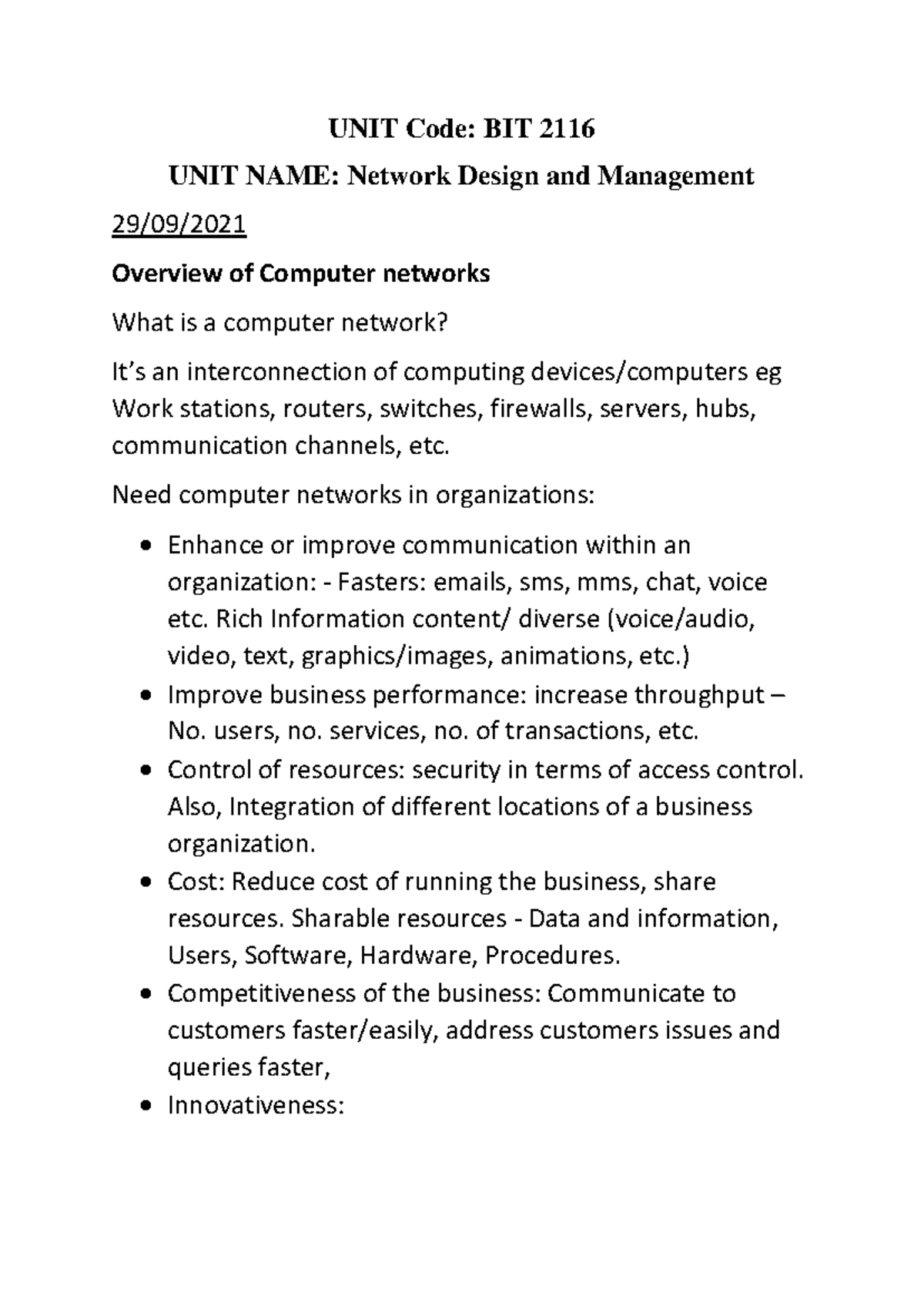 BIT 2116 Network Design and Management - Comprehensive Notes - Studocu