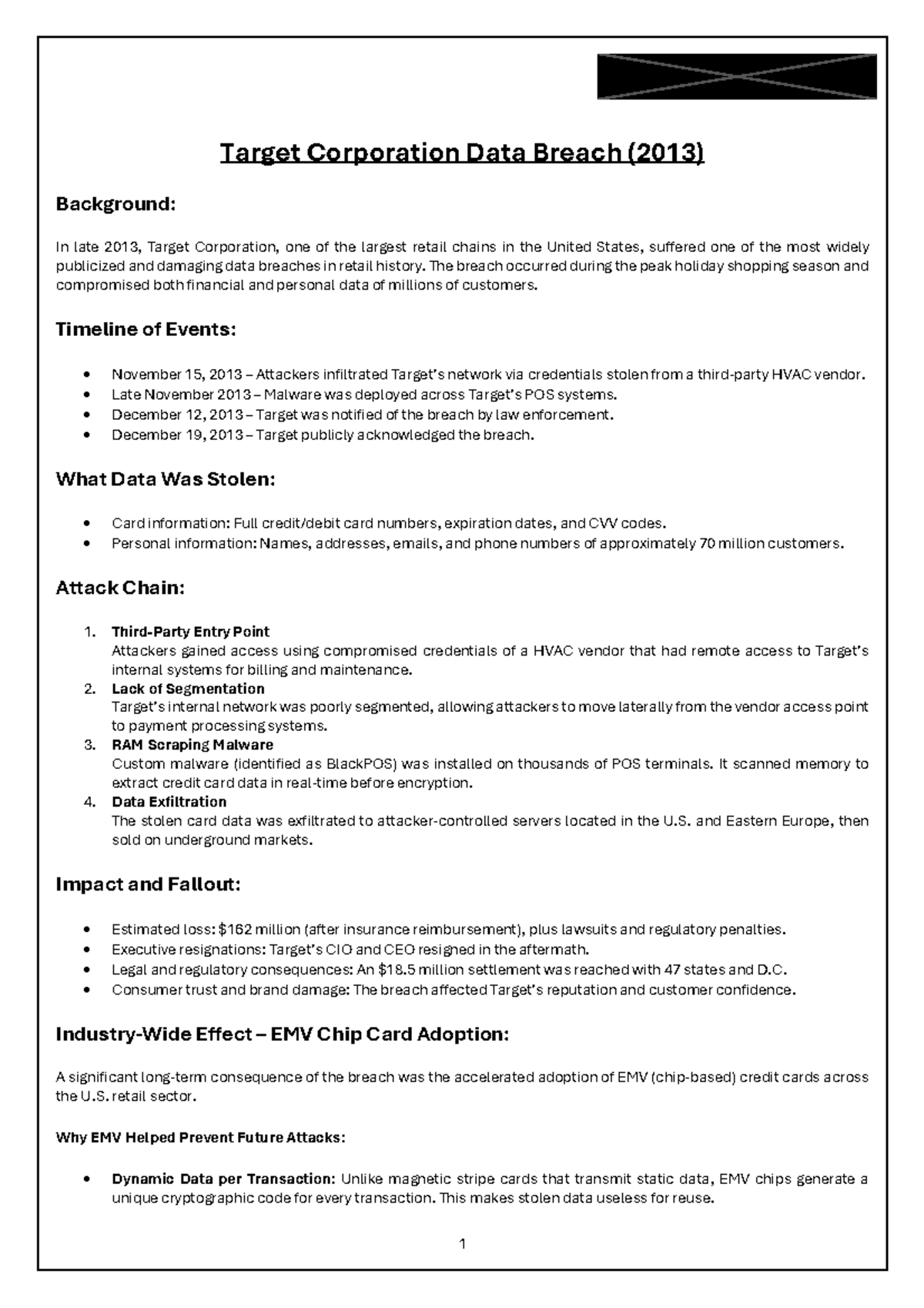 SSE-Assignment: Analysis of the 2013 Target Data Breach - Studocu