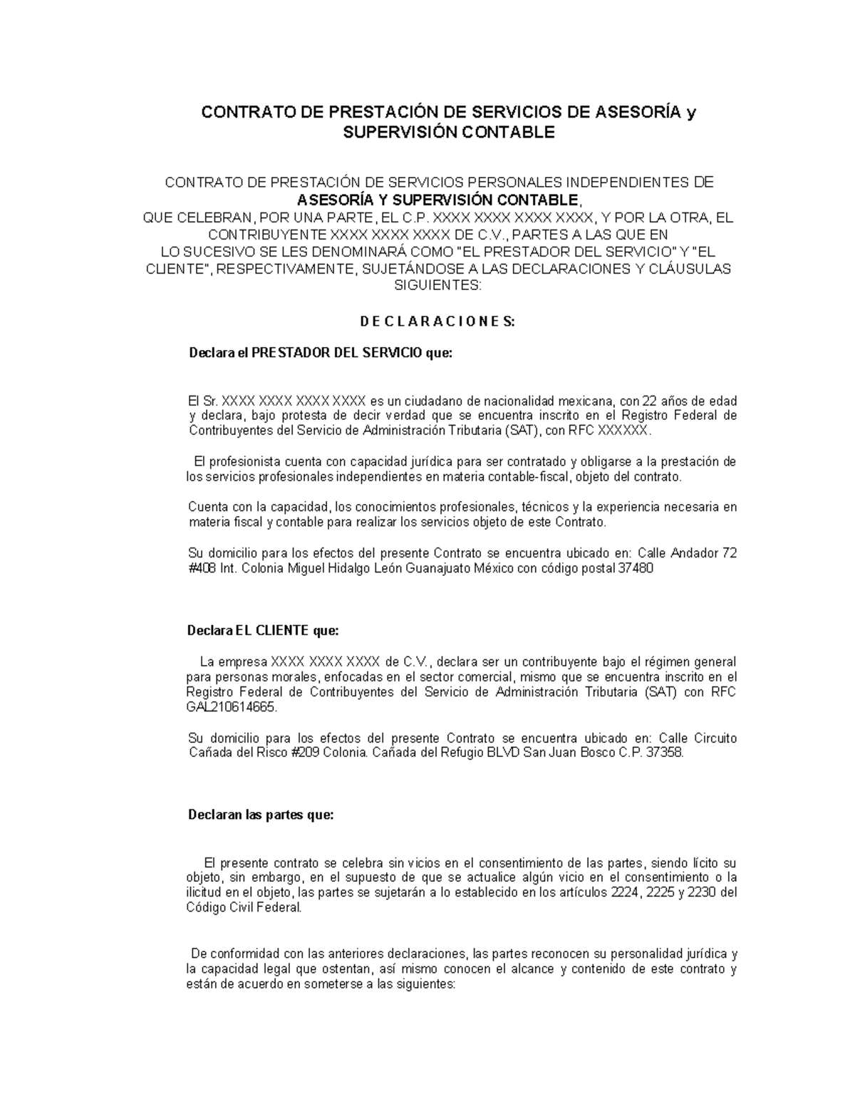 Contrato Mercantil - CONTRATO DE PRESTACIÓN DE SERVICIOS DE ASESORÍA y ...