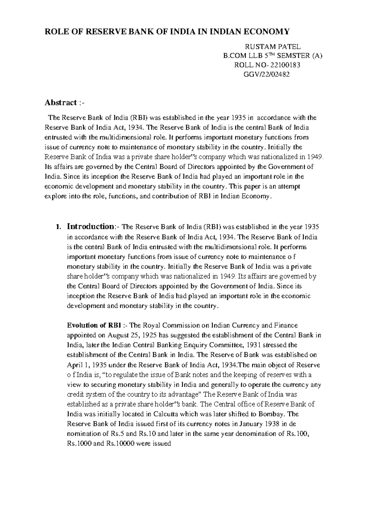 RBI's Role in Indian Economy: Insights & Analysis B.COM LLB 5th Sem ...