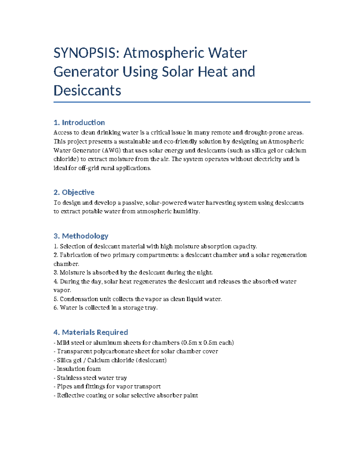 SYNOPSIS: Atmospheric Water Generator Using Solar Heat & Desiccants ...
