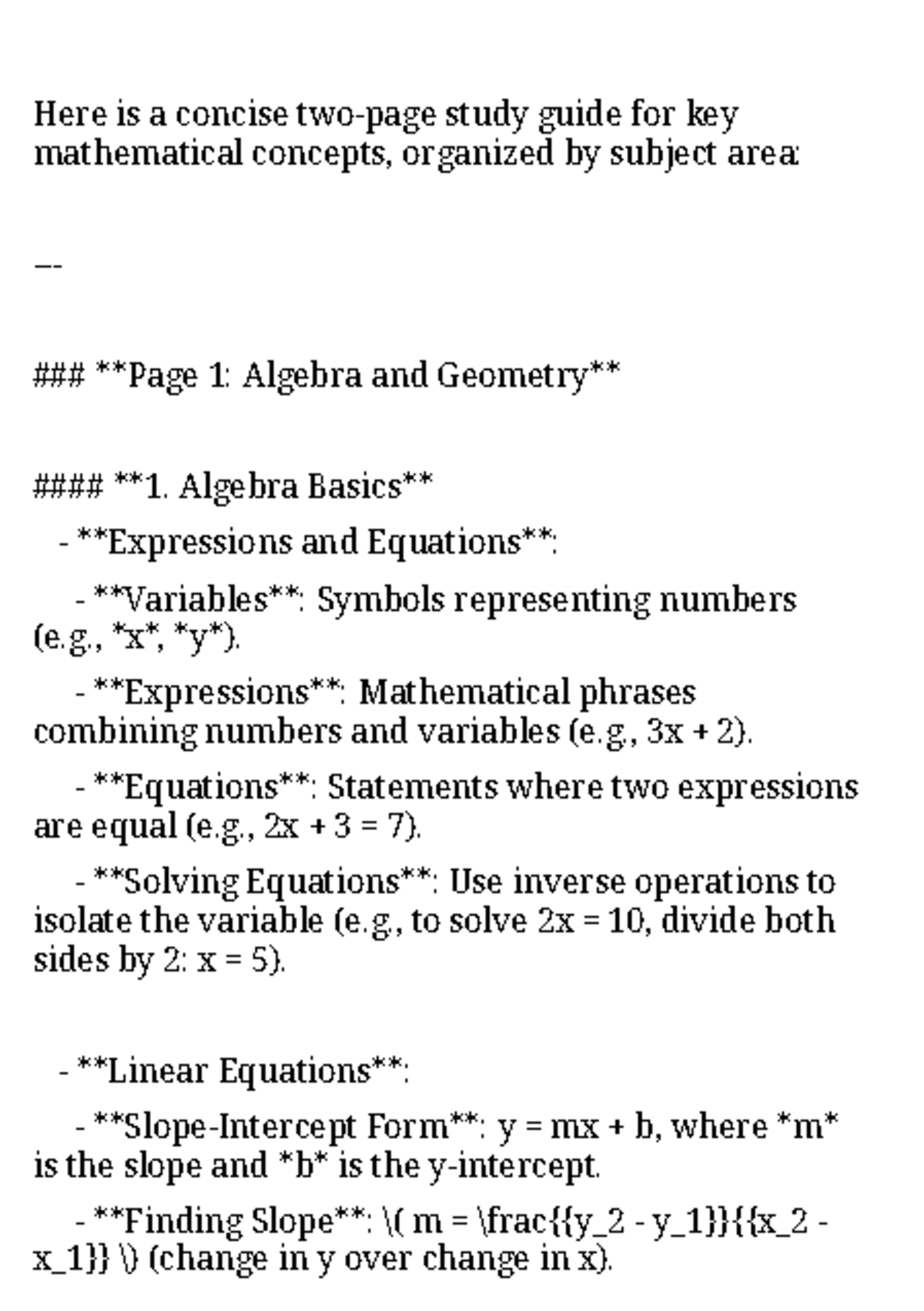 Mathematics - Here is a concise two-page study guide for key ...