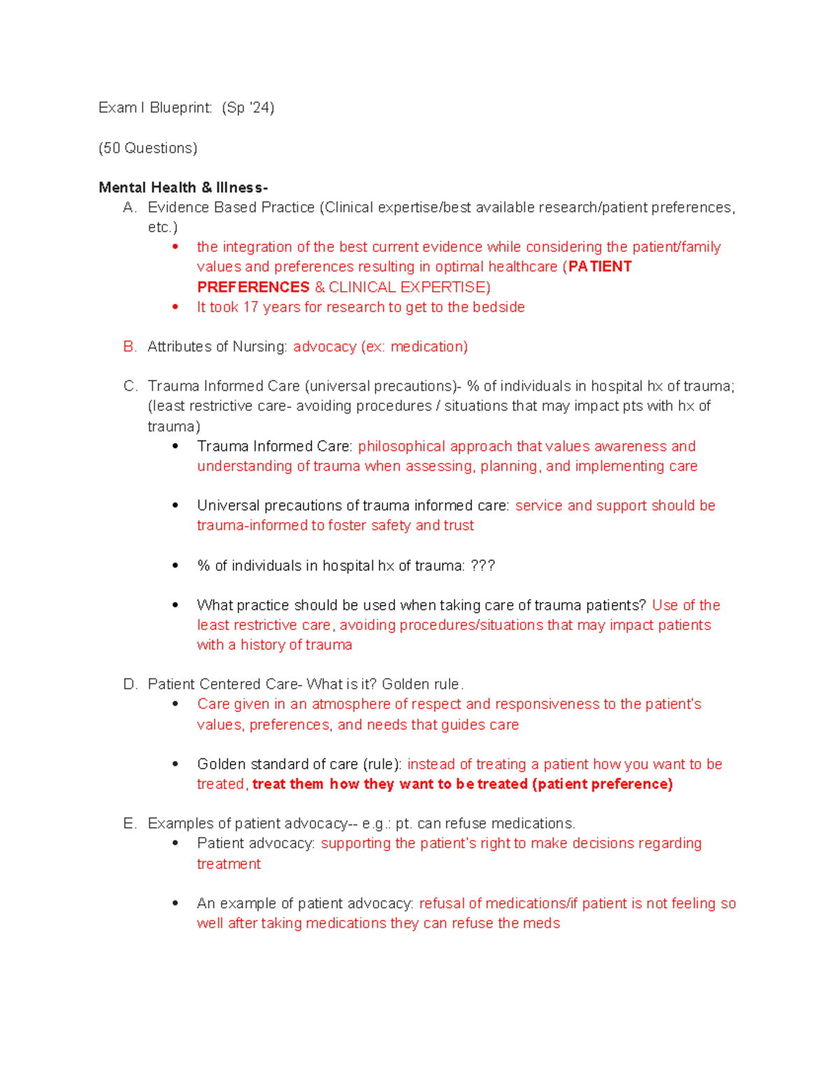 Exam 1 Blueprint for Psychosocial Nursing (Sp ’24) - Key Topics ...