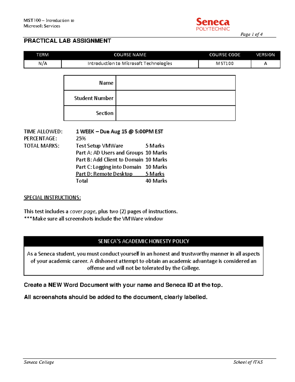 MST100 Practical Lab Assign Submit - Microsoft Services Page 1 of 4 ...