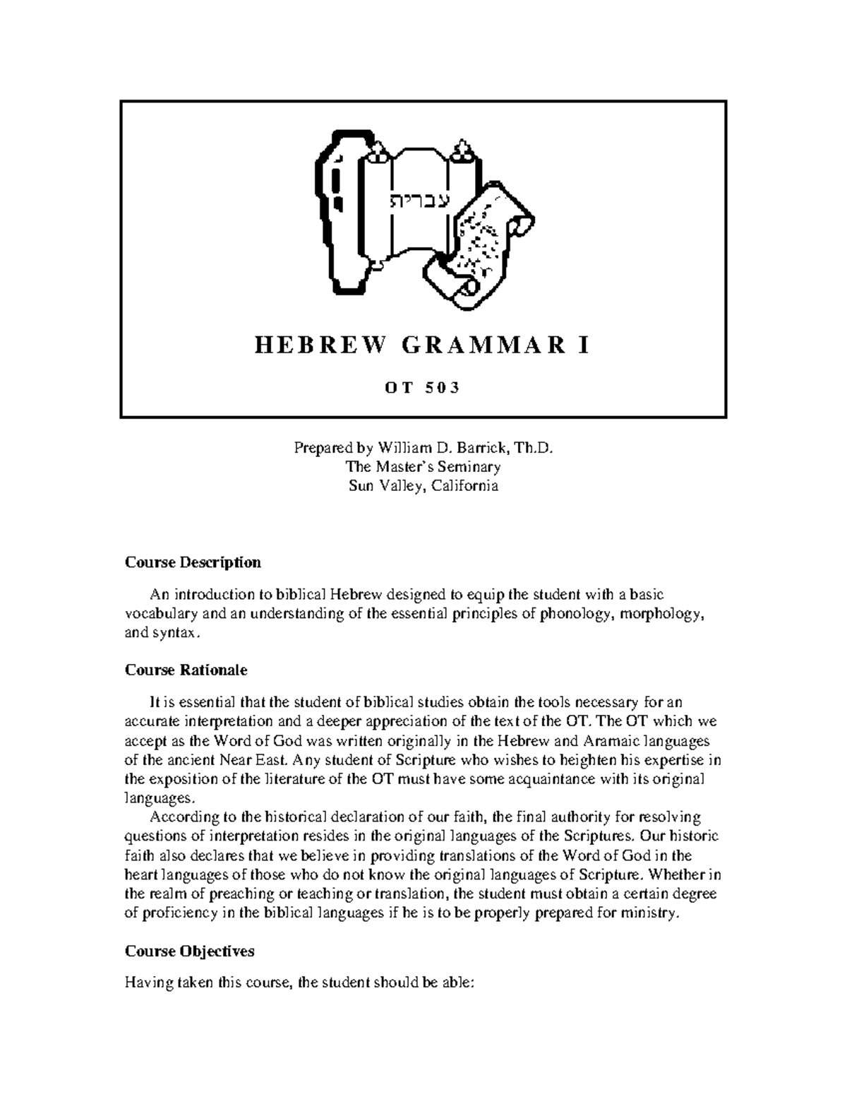 Hebrew Grammar I OT 503: Course Overview and Study Guide - Studocu