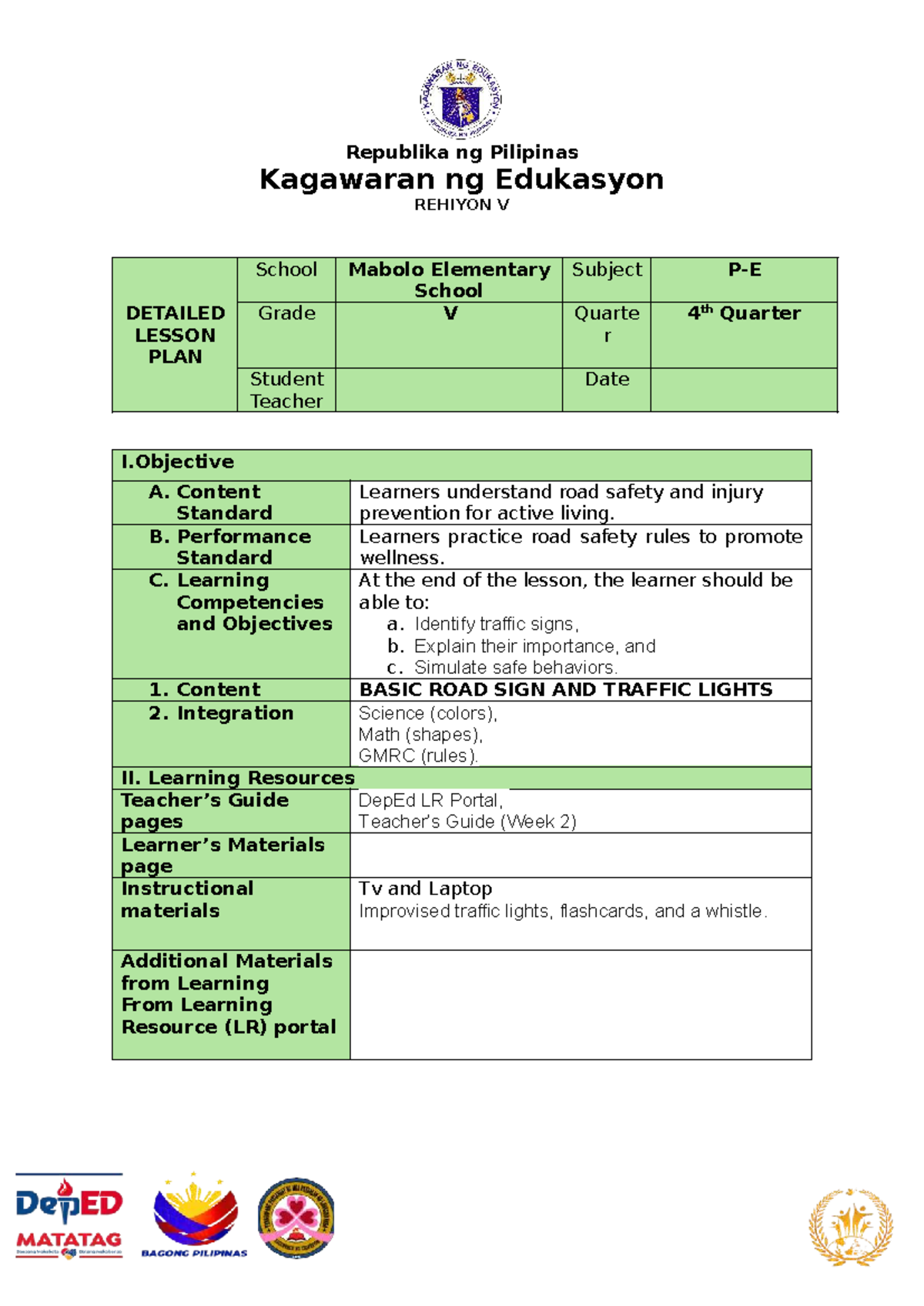 Gr. 5 P.E. Detailed Lesson Plan: Basic Road Signs & Traffic Lights ...