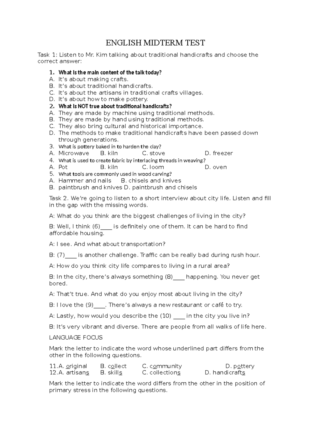 English Midterm Test - Traditional Handicrafts & City Life - Studocu