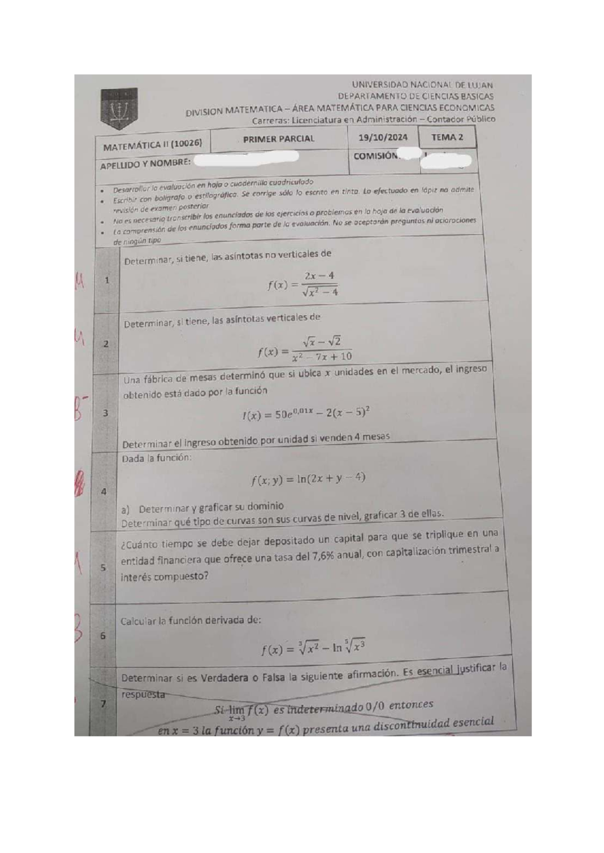 Matemática II (10026) - Primer Parcial: Evaluación y Ejercicios - Studocu