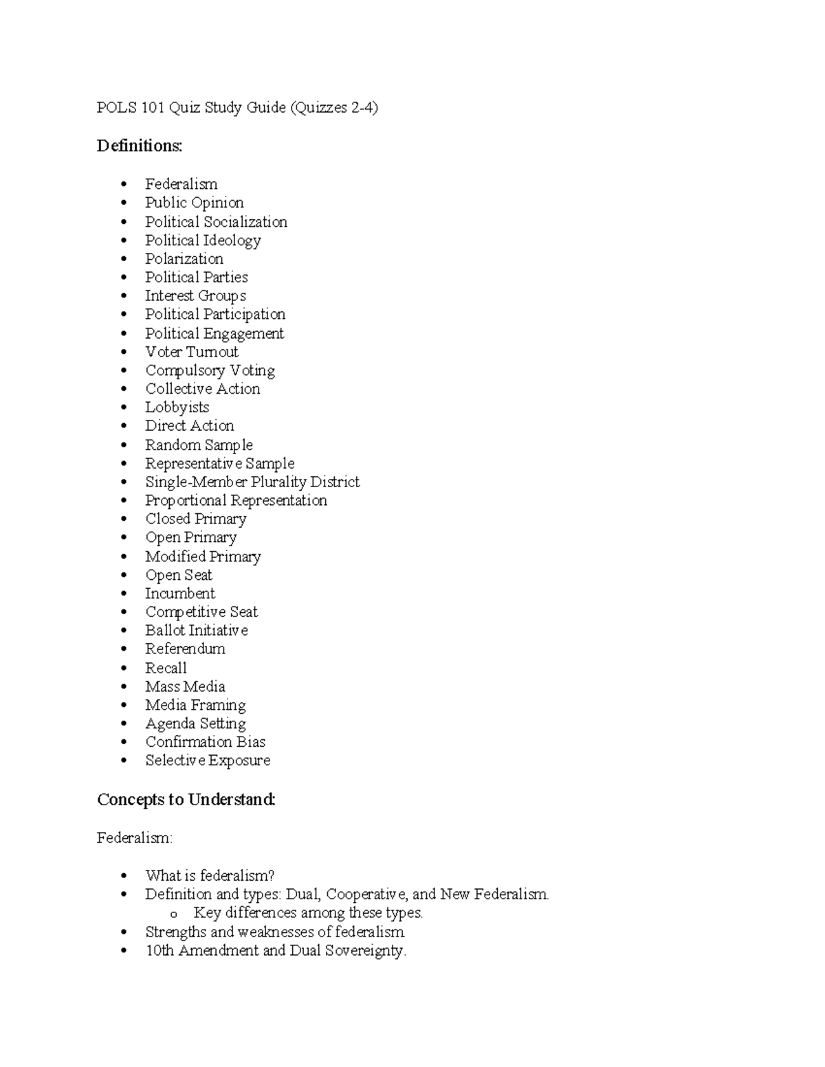 POLS 101 Quiz Study Guide: Key Concepts for Quizzes 2-4 Explained - Studocu