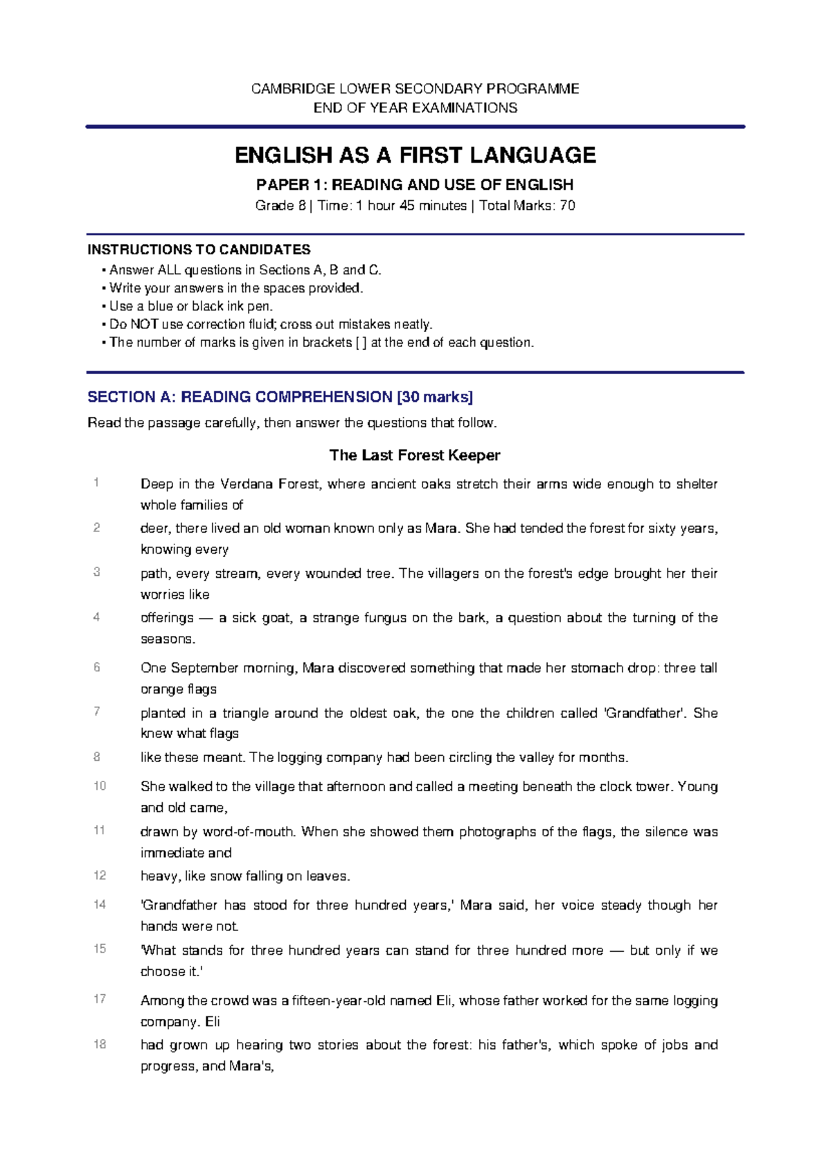 Grade 8 English Paper 1: Reading Comprehension Exam - Studocu