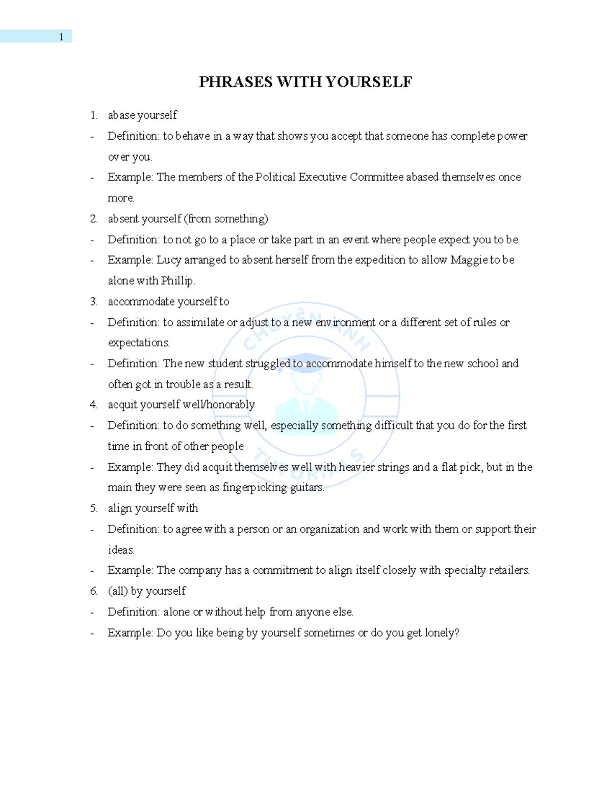 Yourself Phrases List - English Definitions and Examples - Studocu