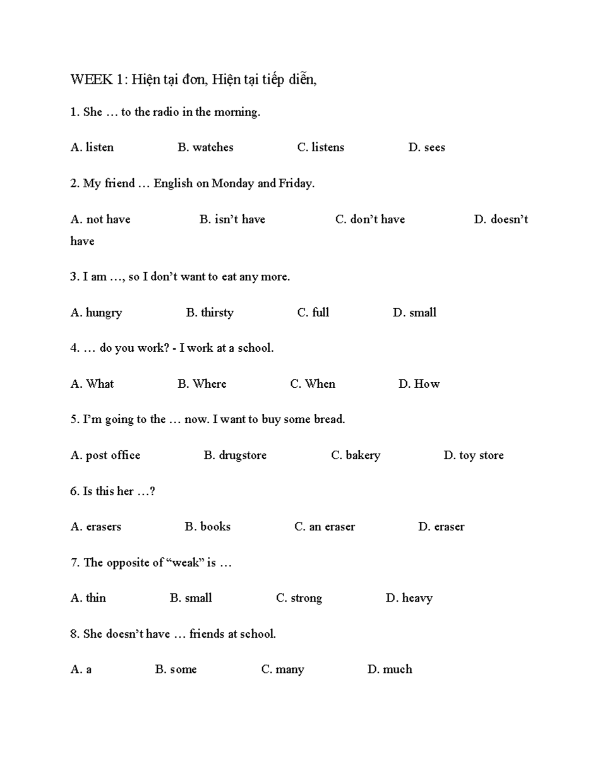 WEEK 1: Present Simple & Continuous Grammar Exercises - Studocu