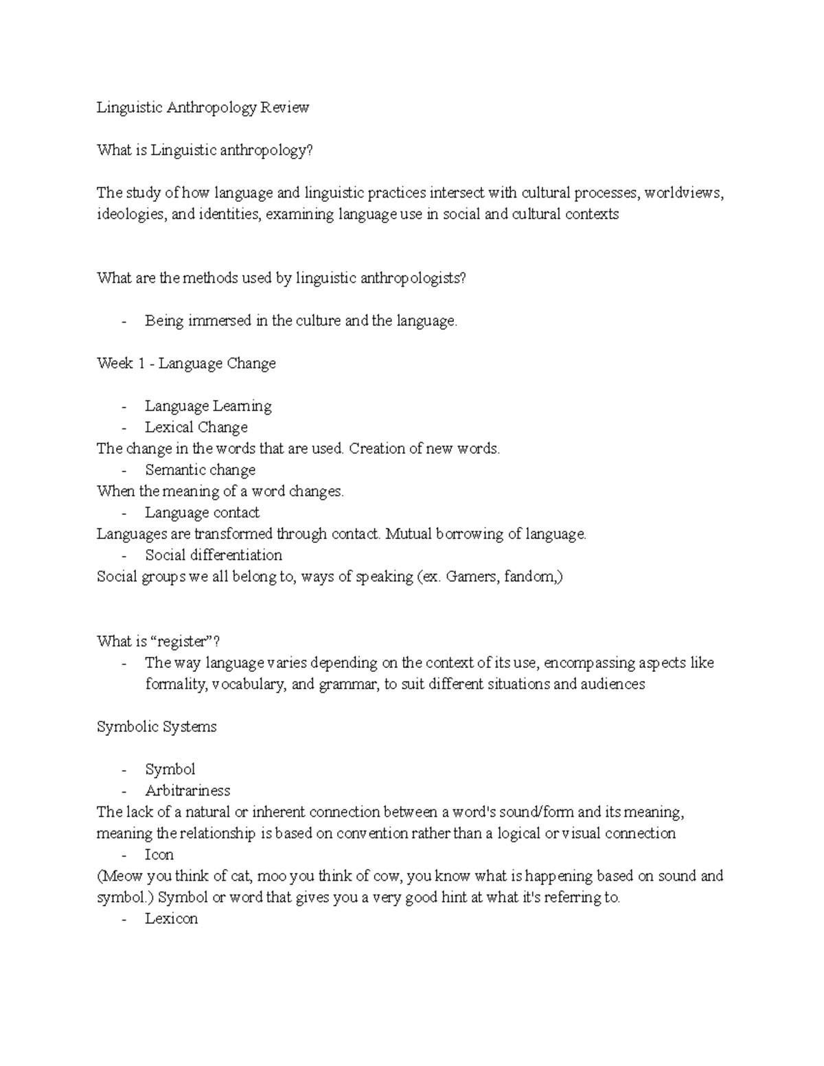 Linguistic Anthropology ANTH 101 Final Exam Study Guide - Studocu