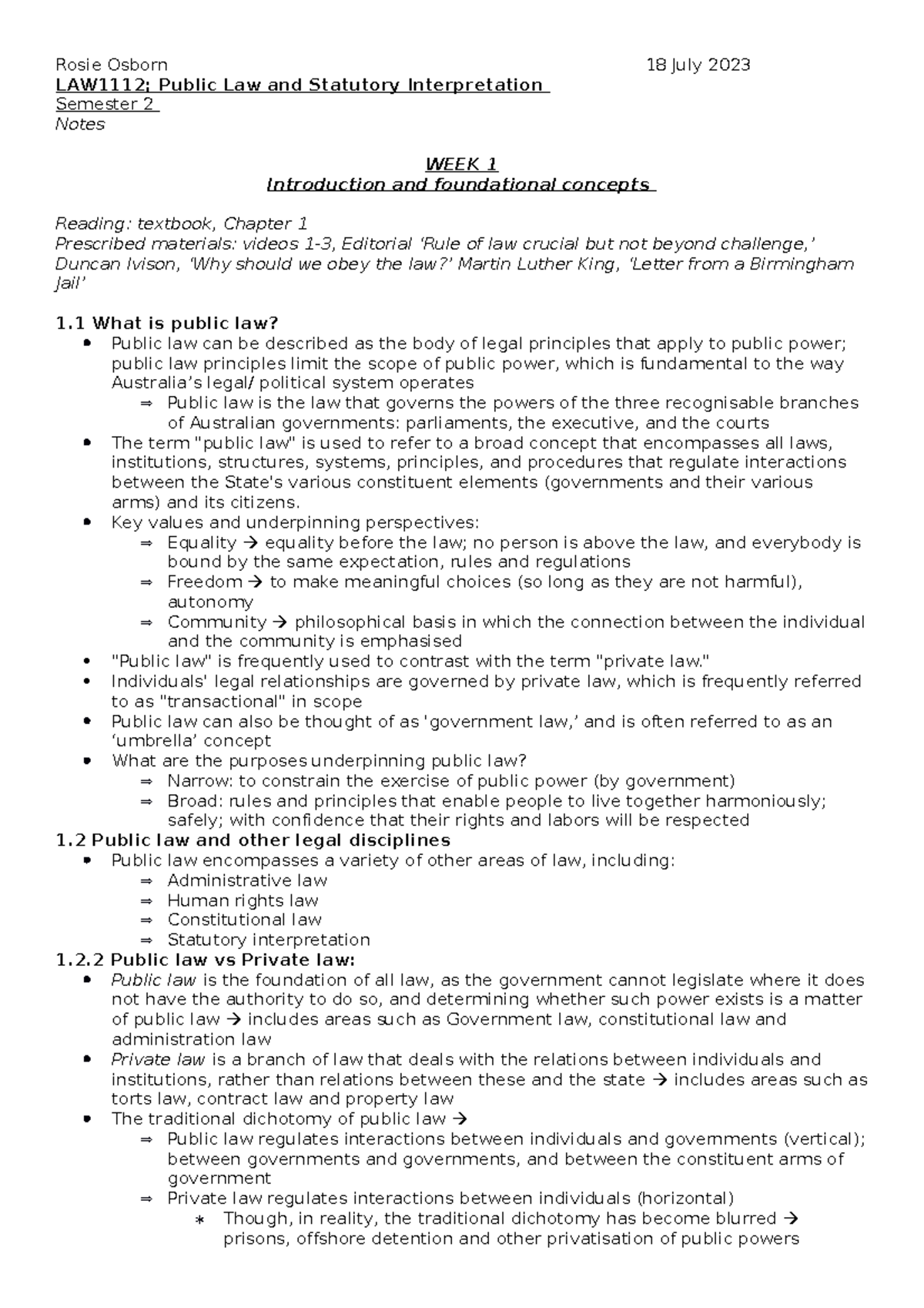 LAW1112 Lecture Notes: Public Law & Statutory Interpretation - Studocu