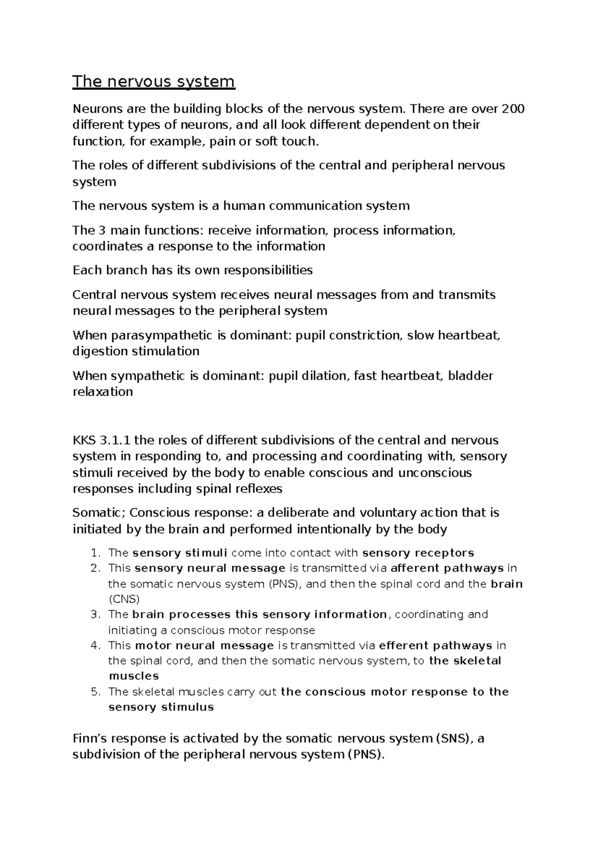 The Nervous System: Year 12 Overview and Key Concepts - Studocu