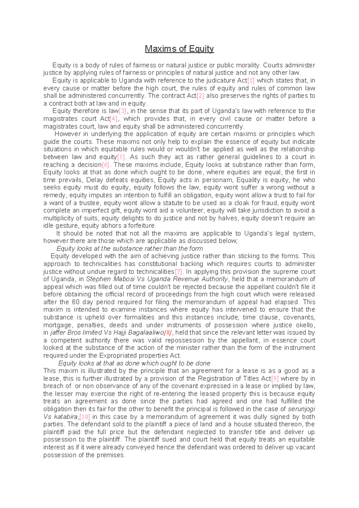 Maxims of equity: principles and applications in Ugandan law - Studocu