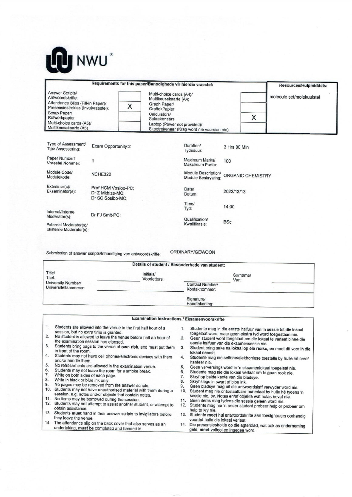 NCHE322: Exam Paper 1 - Organic Chemistry Requirements & Instructions ...