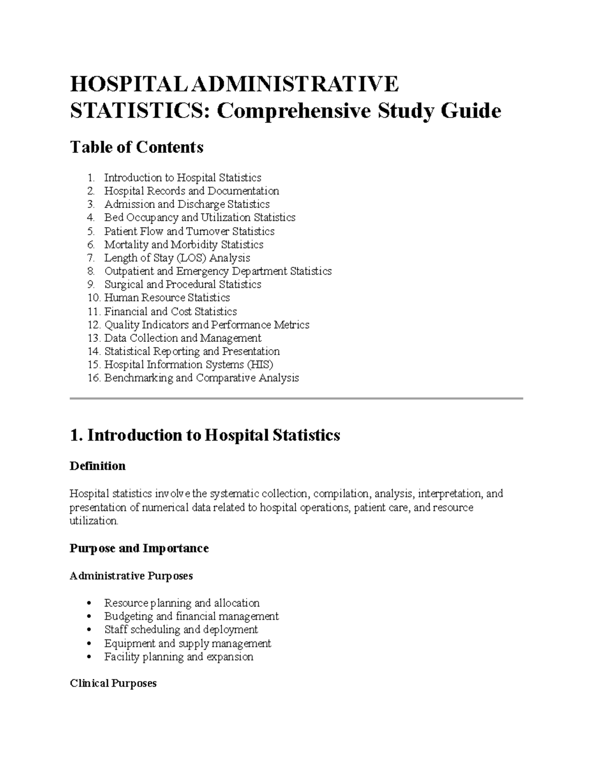HOSP 101: Comprehensive Study Guide on Hospital Admin Statistics - Studocu