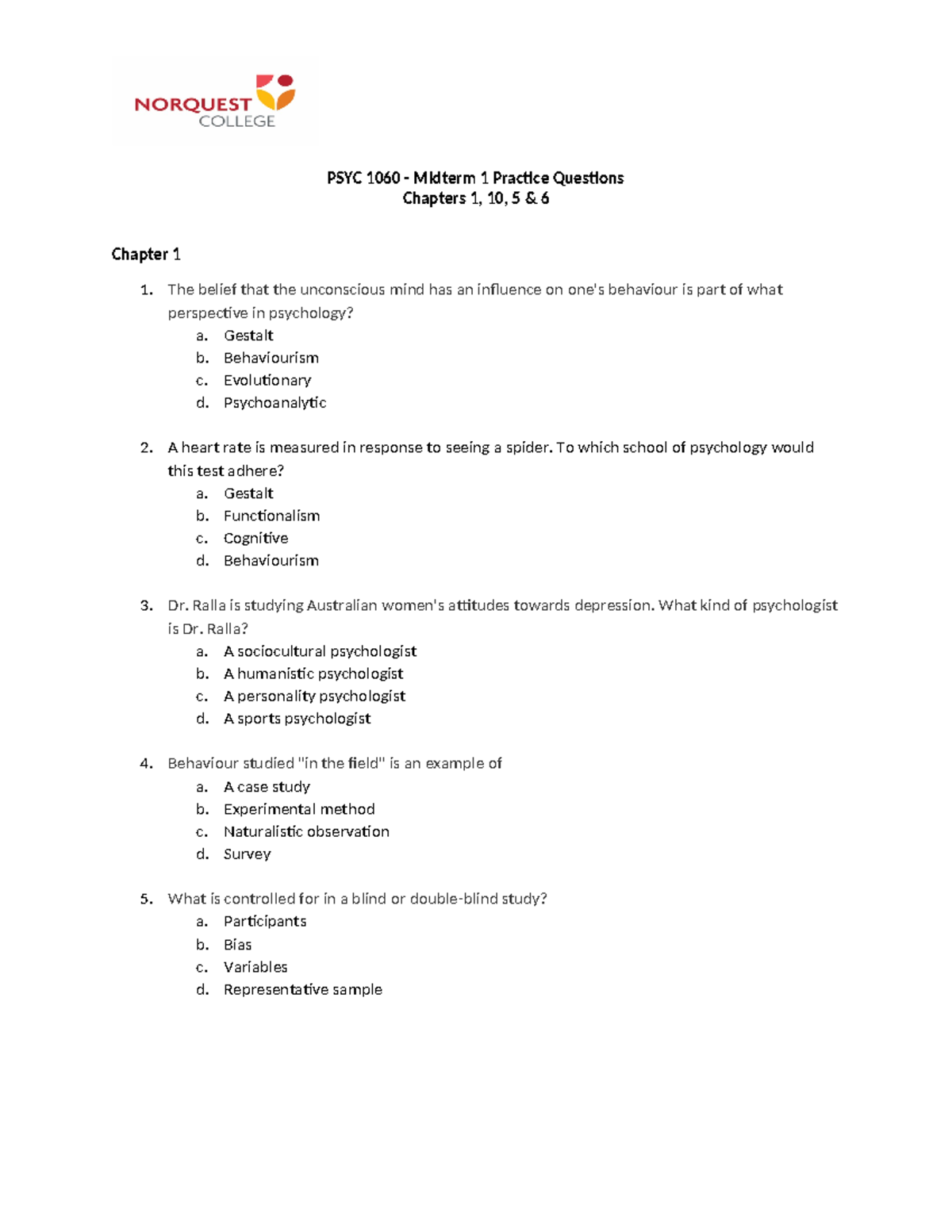 PSYC 1060 - Midterm 1 Practice Questions with Key Topics - Studocu