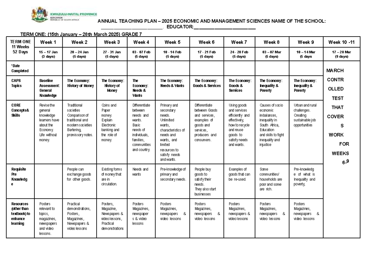 2025 EMS Annual Teaching Plan for Grade 7: Term 1-4 Overview - Studocu
