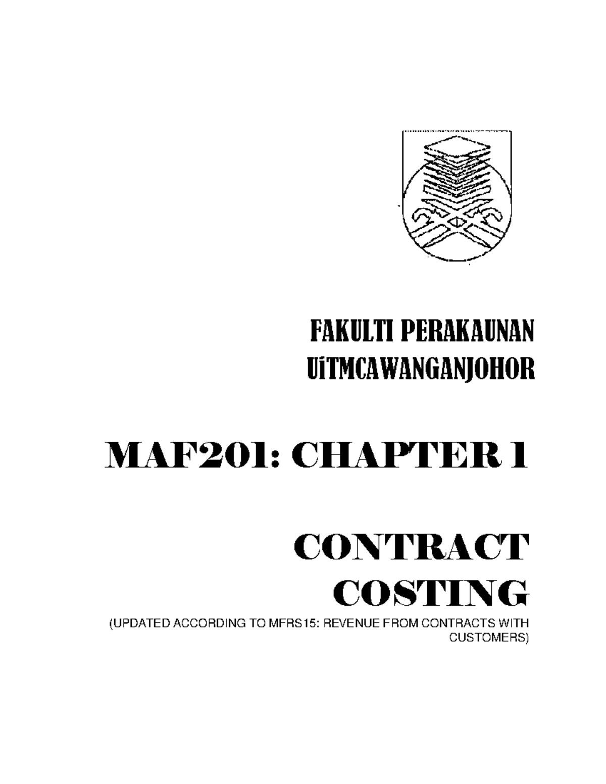 MAF201: Contract Costing Chapter 1 Notes - Updated MFRS15 Insights ...