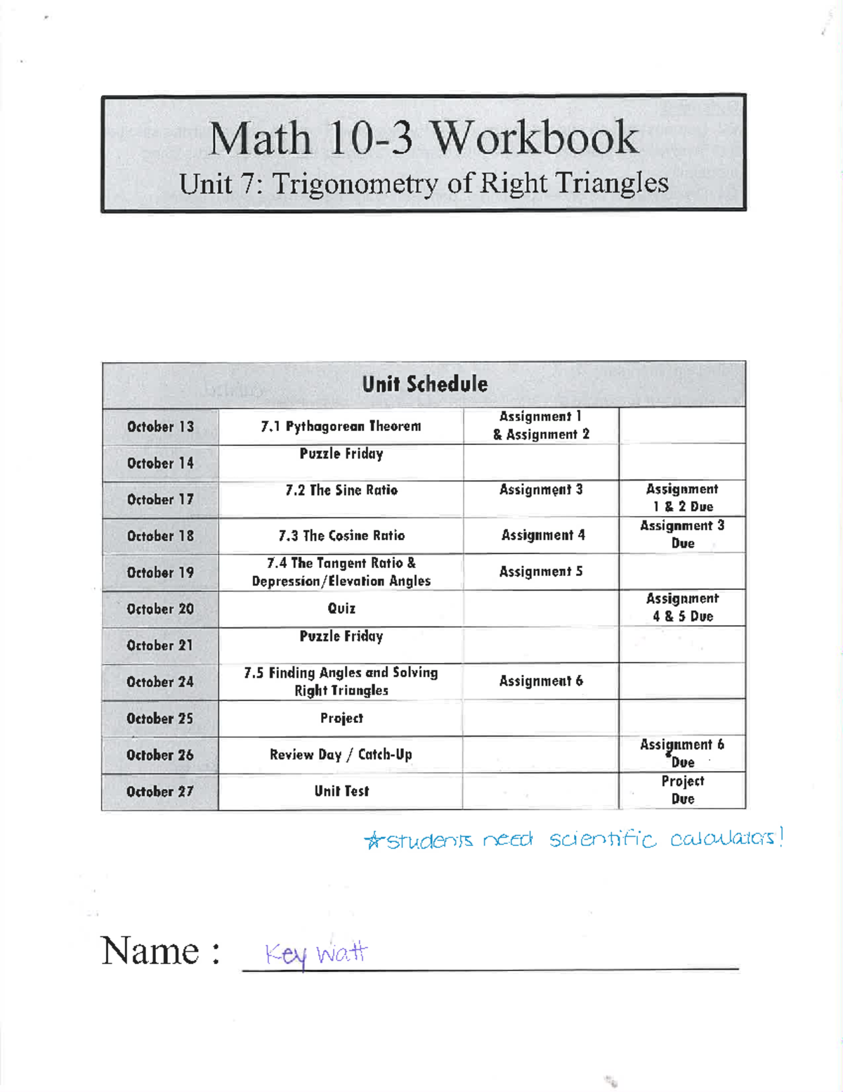 10-3 Trig Booklet Answer Key for All Exercises - Studocu
