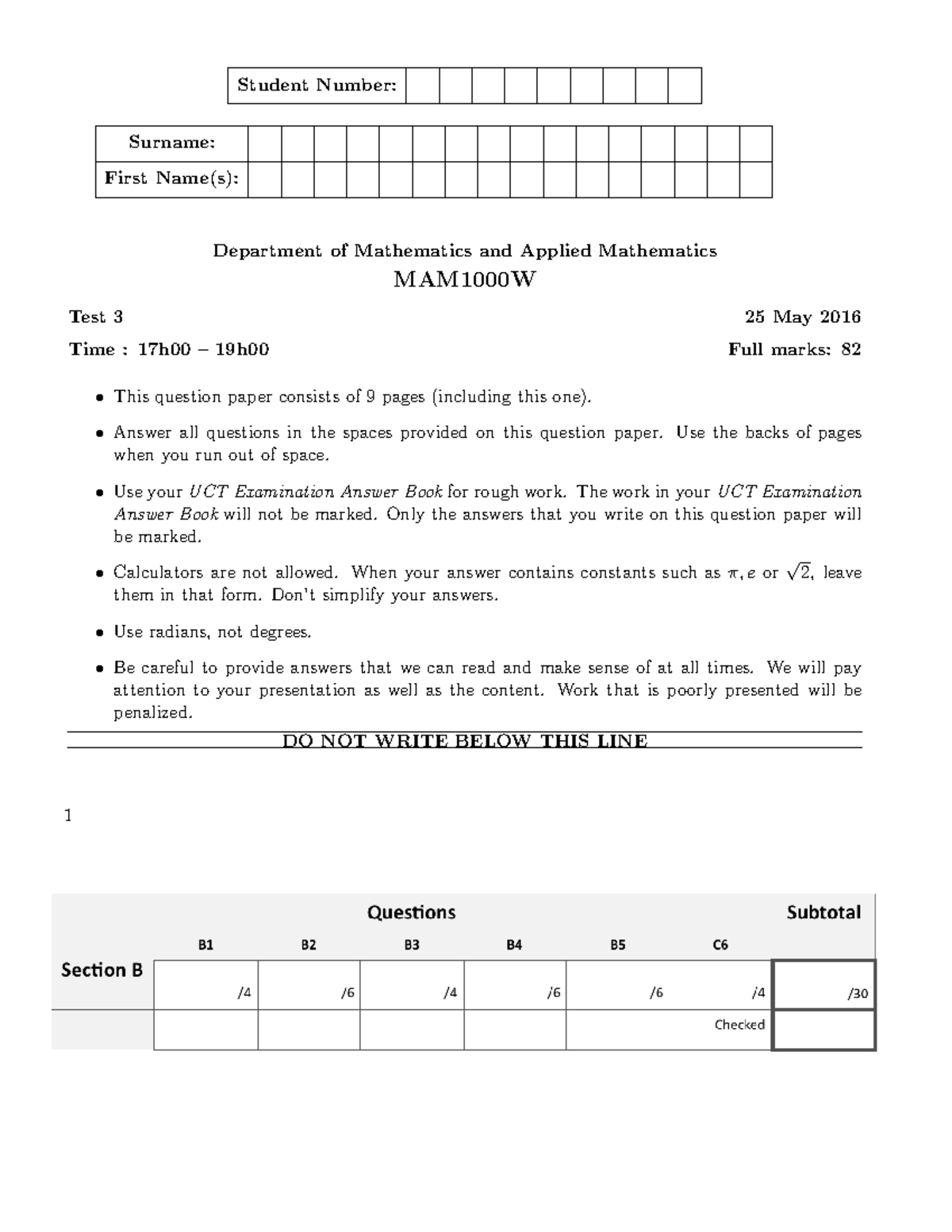 Test 3 (MATH 2016) - Past Paper with Solutions and Answers - Studocu