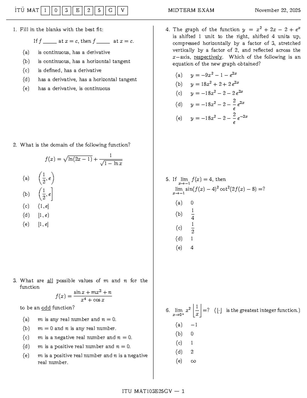 MAT103E25GV - Midterm Exam Questions and Answers - Studocu