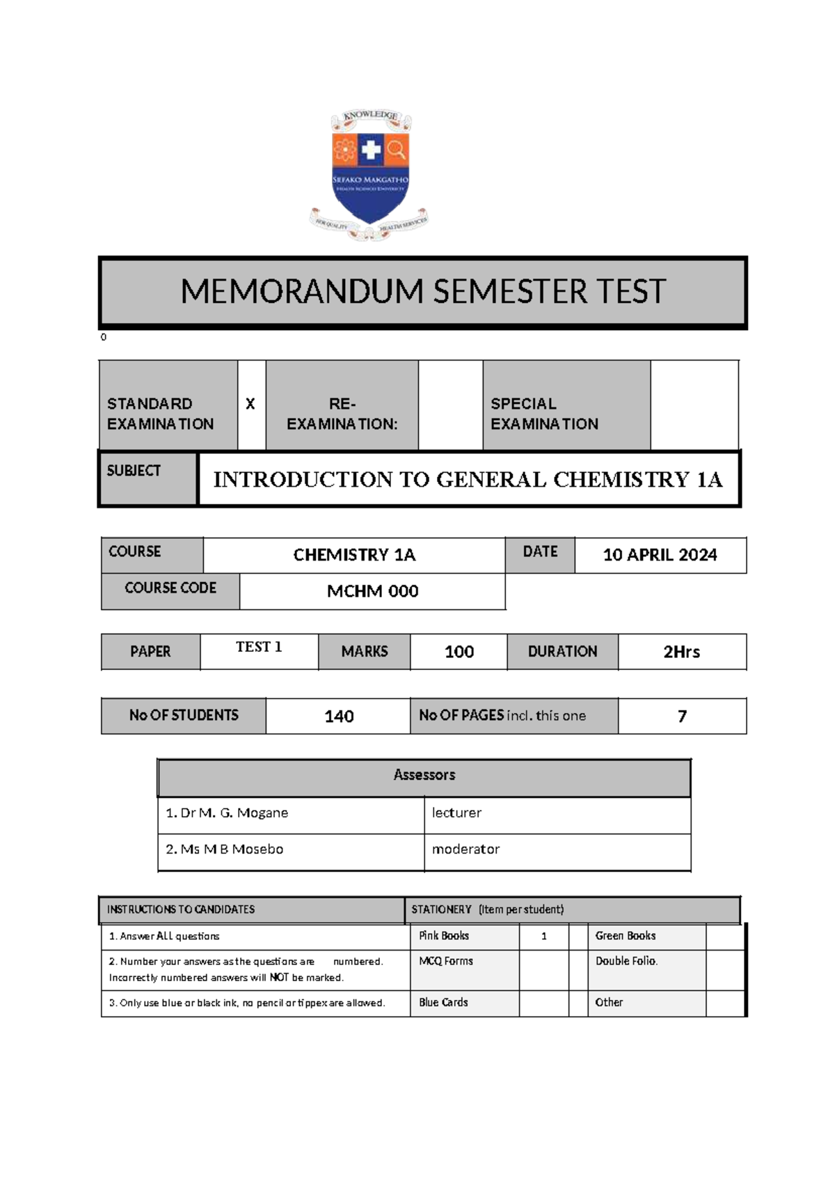 MEMO Test 1 2024 - CHEM 1A Semester Examination - Studocu