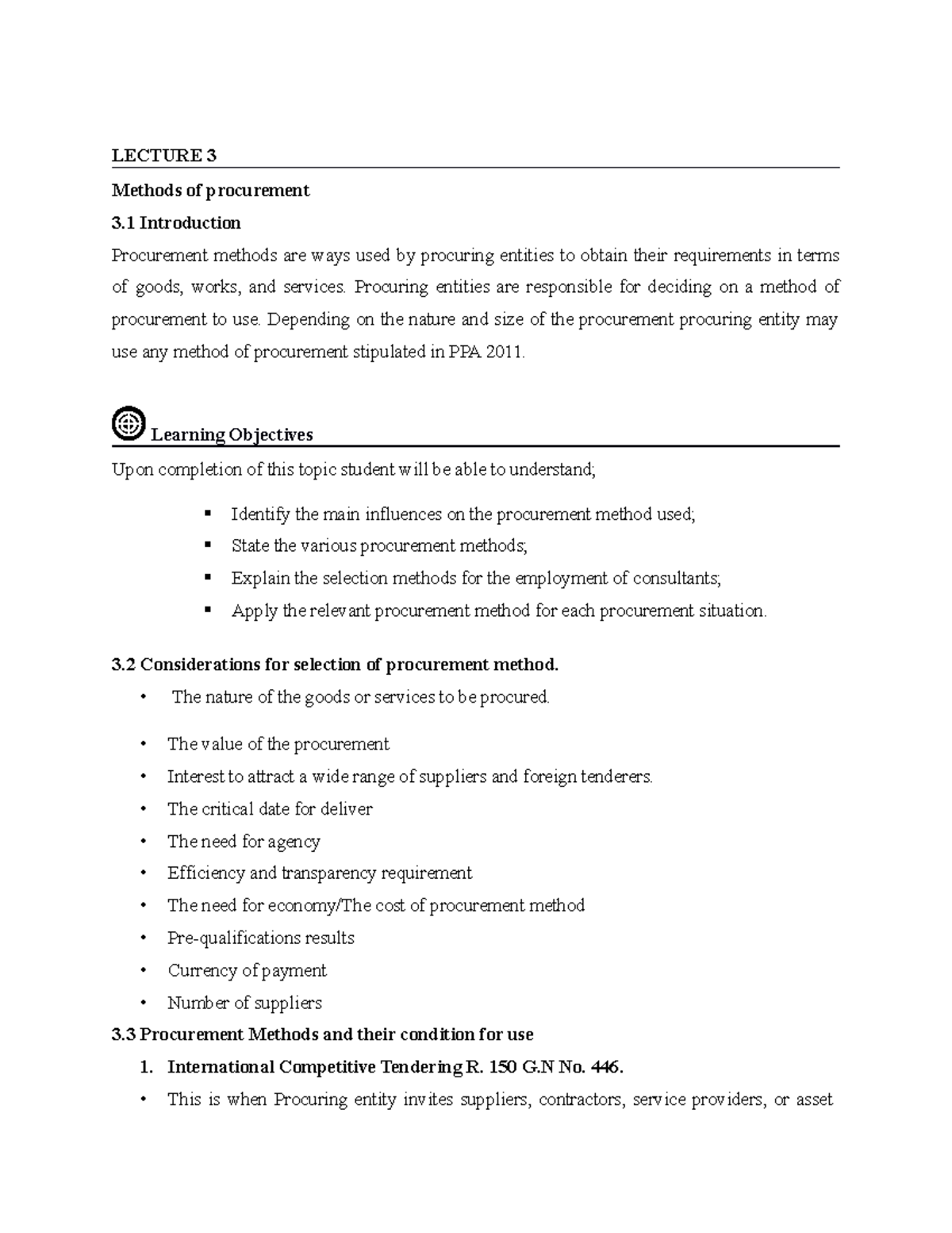 Lecture 3 - Procurement Methods and Their Applications Notes - Studocu
