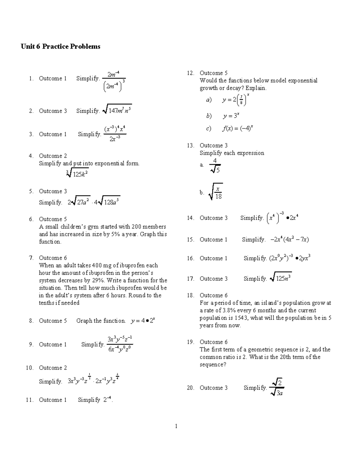 Alg 1 Concept 6 Practice Problems - Simplification & Growth Analysis ...