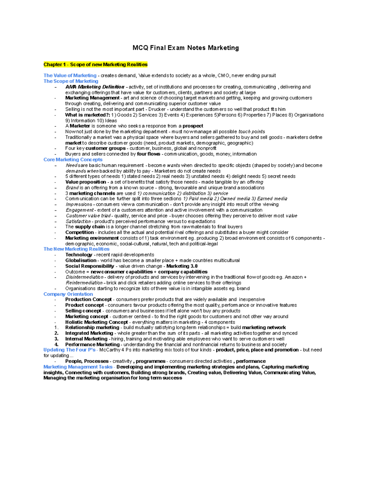 MKTG 101 Final Exam Study Notes: Key Concepts & Strategies - Studeersnel