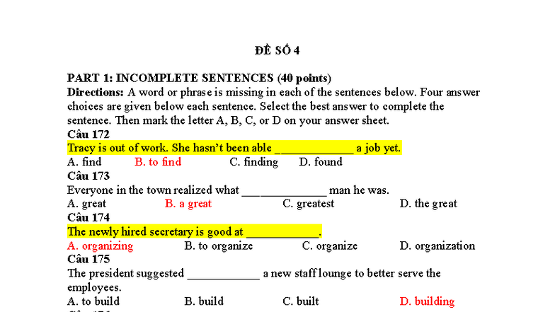 ĐỀ SỐ 4: INCOMPLETE SENTENCES PRACTICE (40 points) - Studocu
