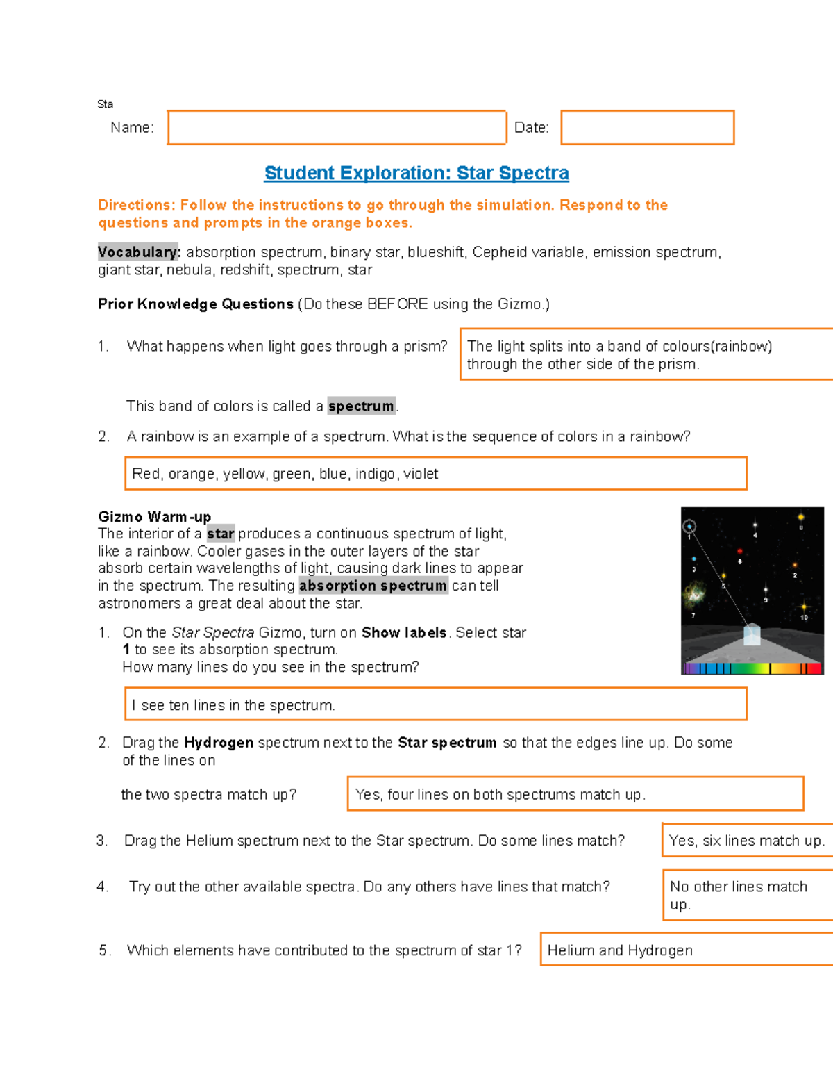 Sta - ef ewf wef - Sta Name: Date: Student Exploration: Star Spectra ...