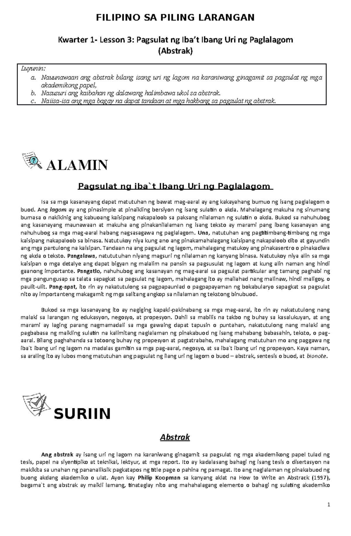Lesson 3: Pagsulat ng Abstrak sa Filipino SA Piling Larangan - Studocu