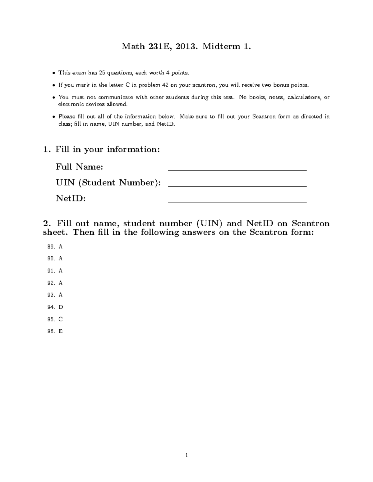 Math 231E Midterm 1 Practice Solutions - 2013 Exam Guide - Studocu