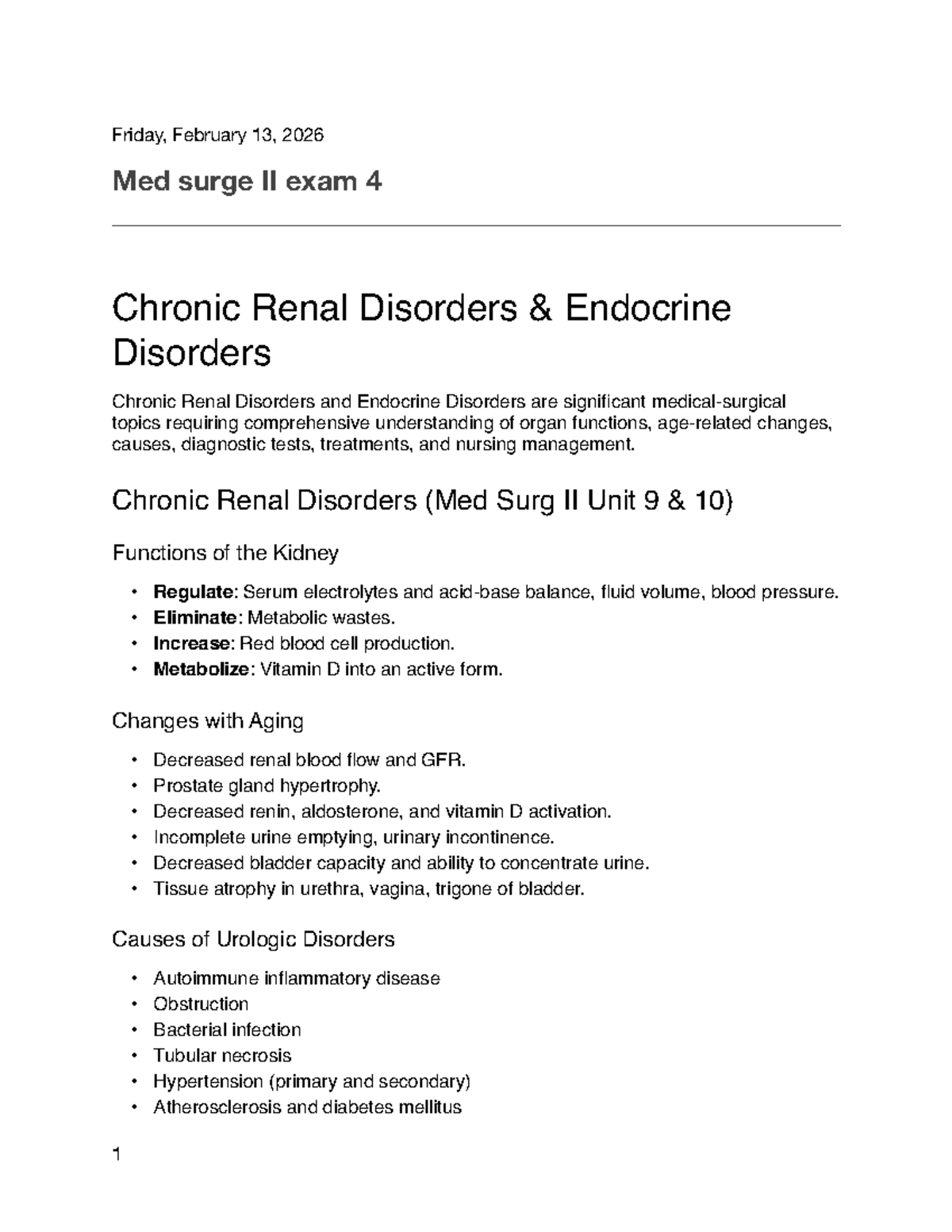 Med Surg II Exam 4 Notes: Chronic Renal & Endocrine Disorders - Studocu
