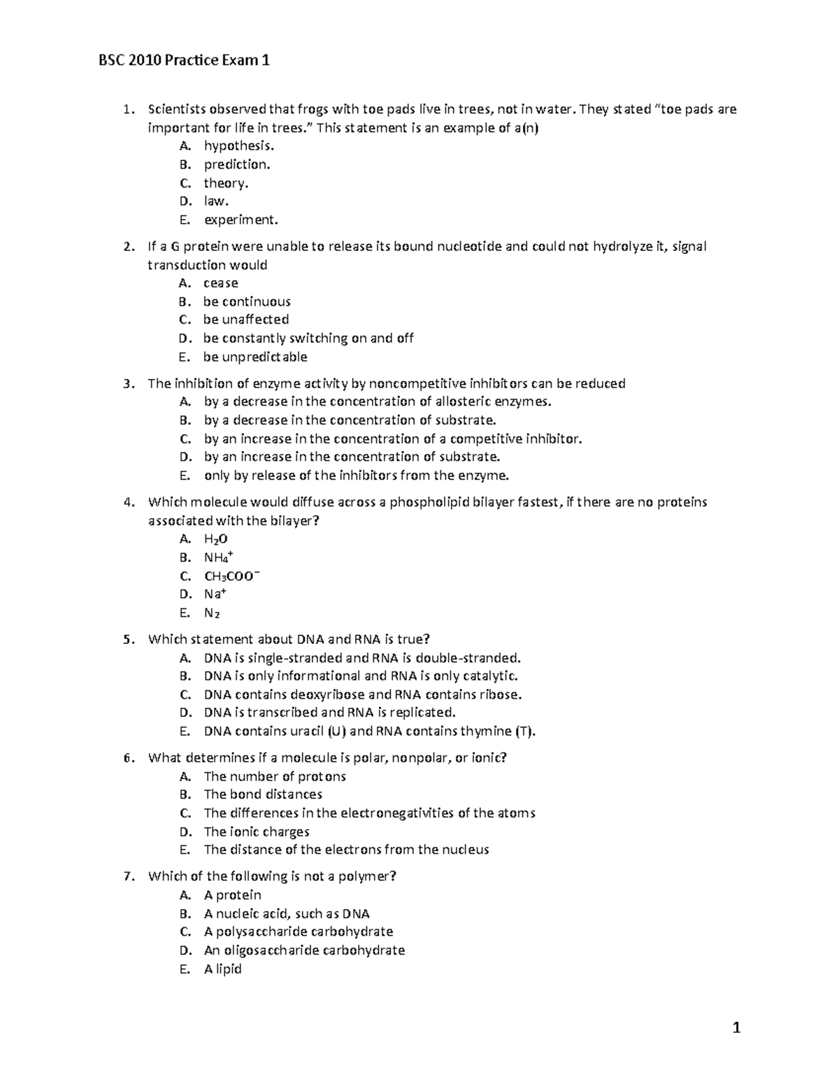 BSC 2010 Practice Exam 1: Biology Concepts &amp; Key Questions - Studocu