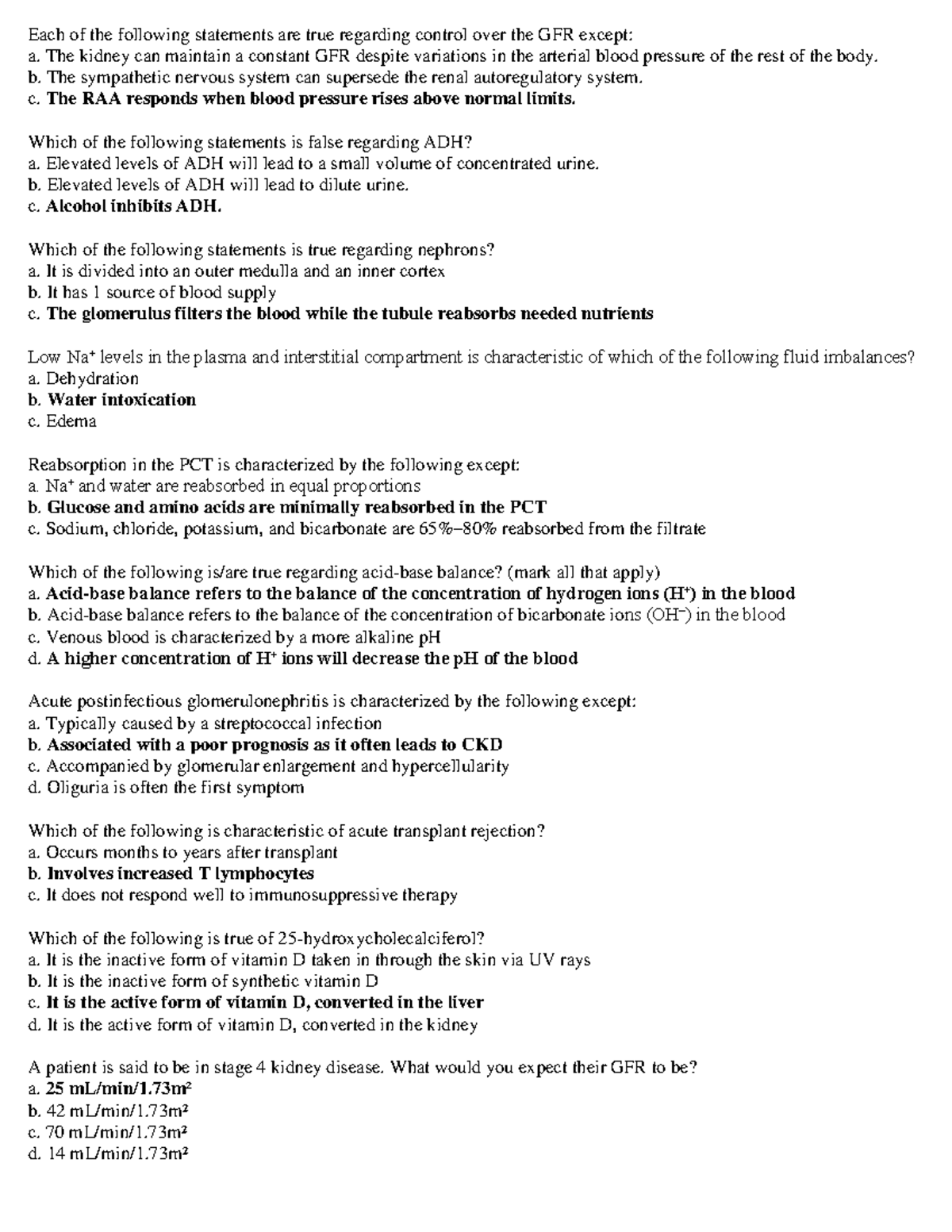 Practice Questions - Notes for Renal Physiology (BIO 101) - Studocu