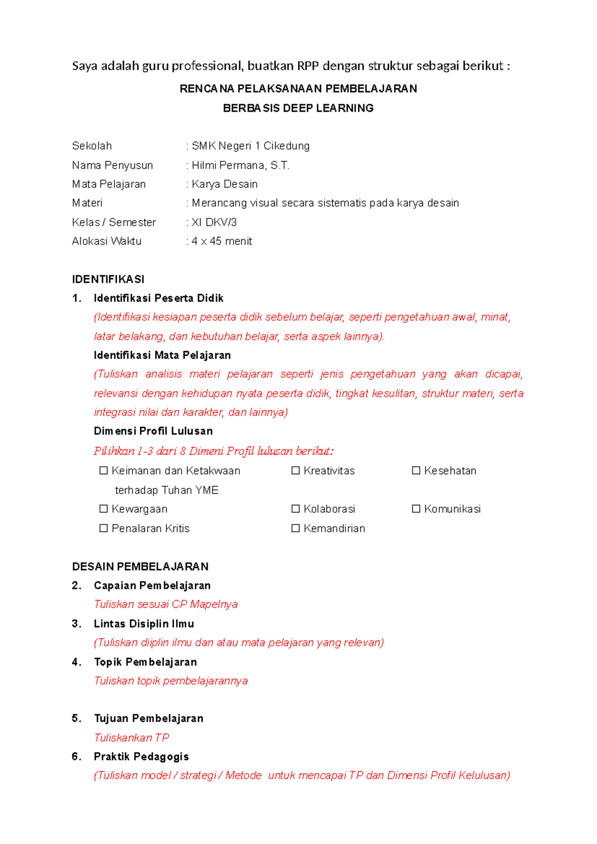 RPP Deep Learning: Template untuk Karya Desain Kelas XI - Studocu