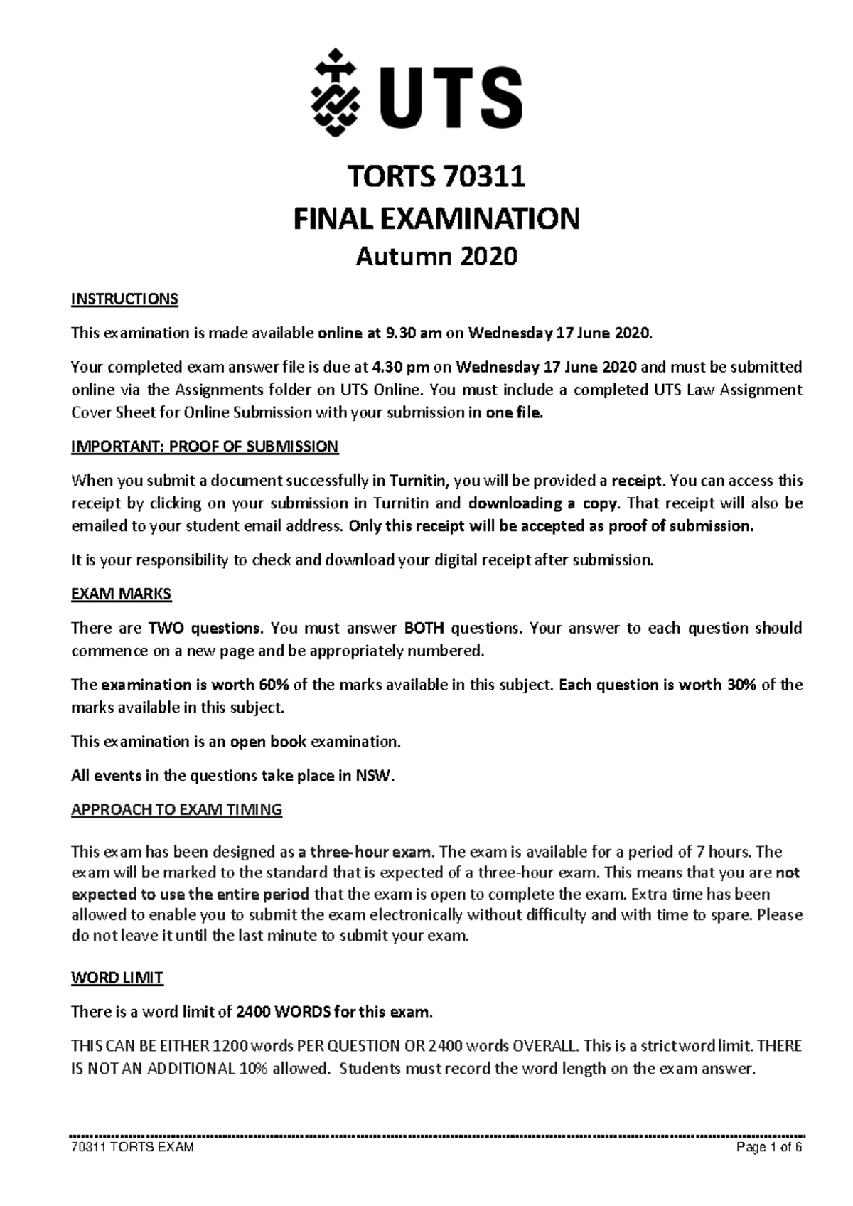 TORTS 70311 Final Take Home Exam Instructions & Questions - Autumn 2020 ...