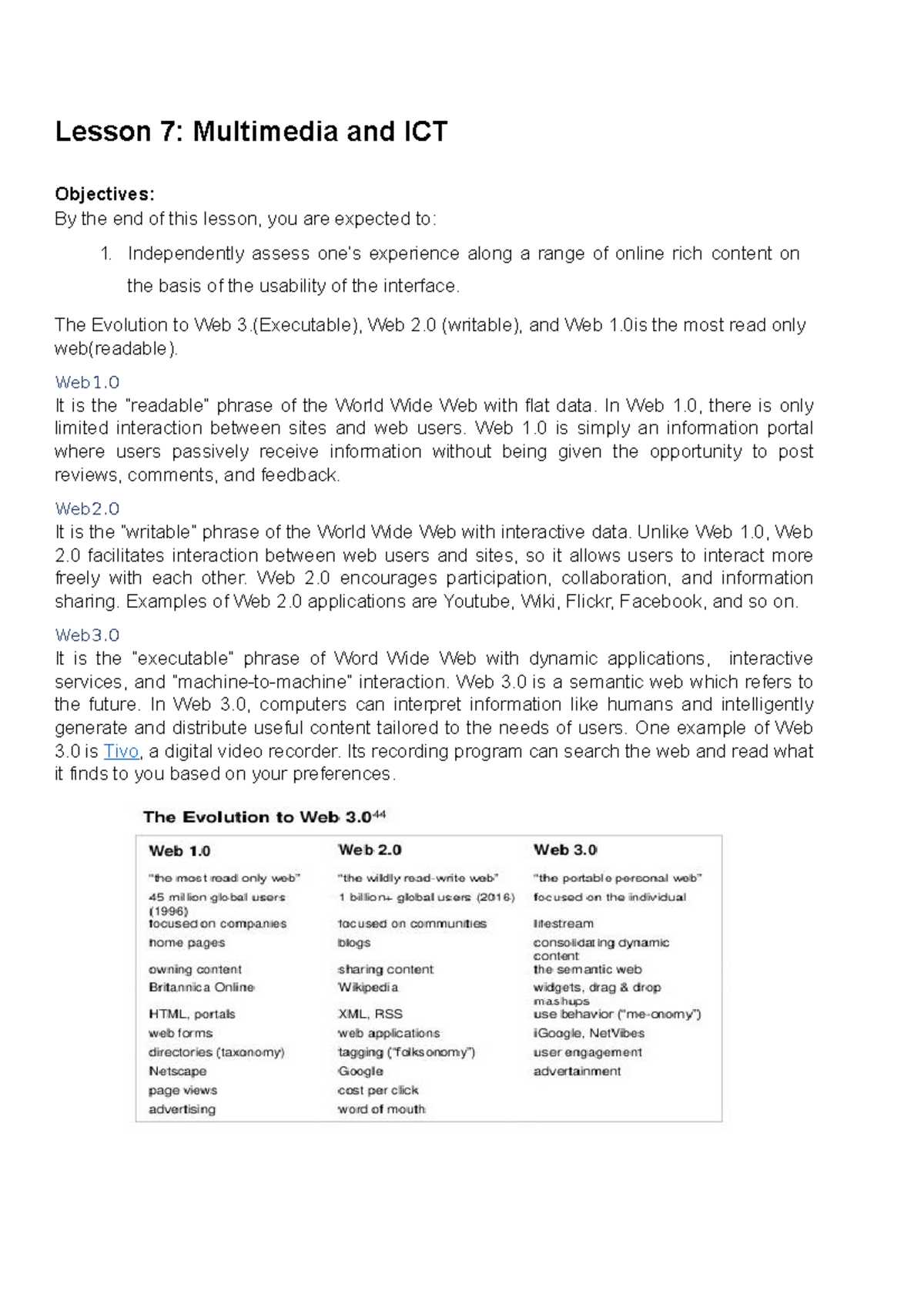 Lesson 7: Multimedia and ICT - Understanding Web Evolution - Studocu