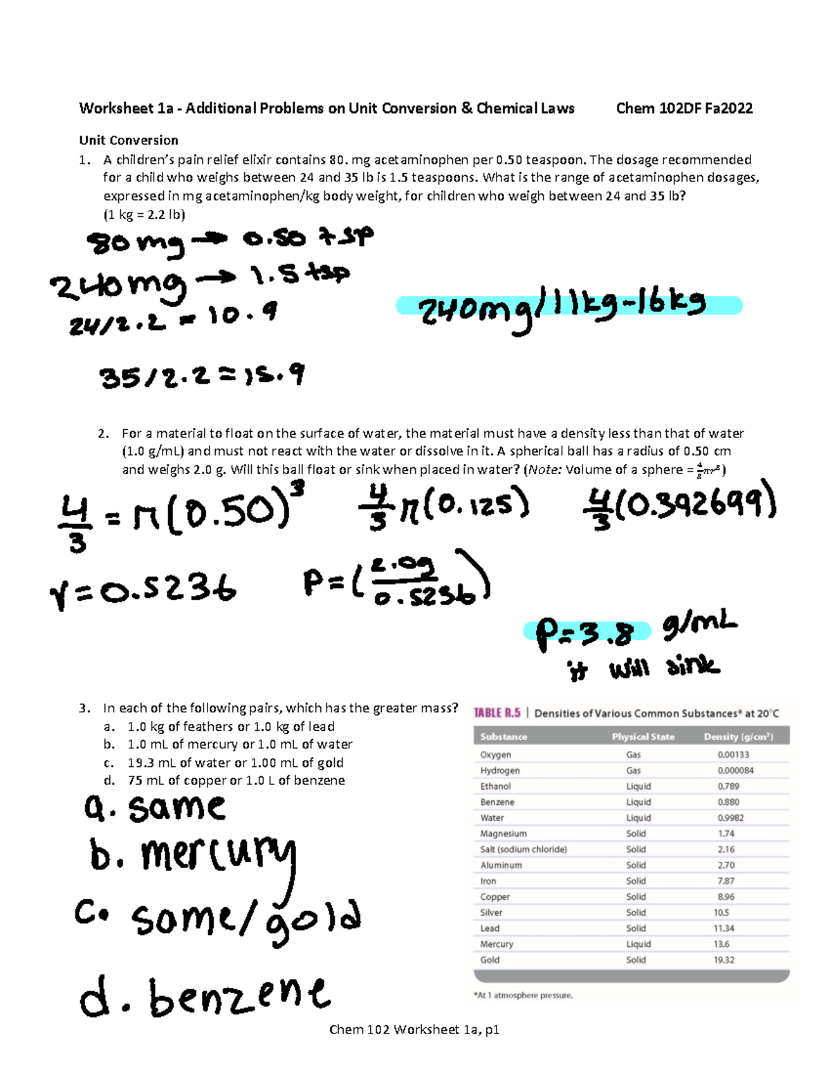 Worksheet+1a+Additional+Problems+on+Unit+Conversion%2C+Chemical+Laws ...
