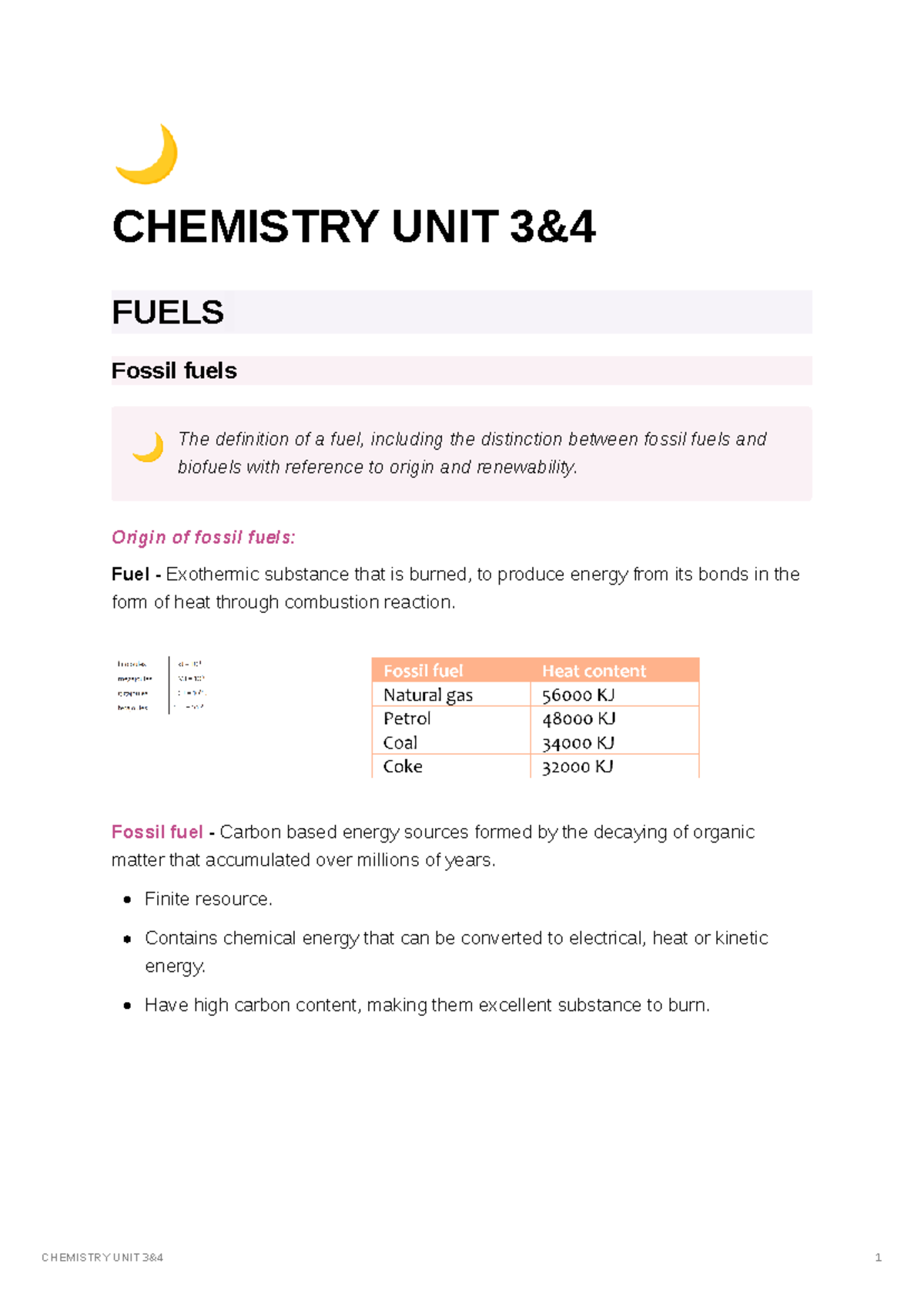 Chemistry Unit 3&4: Comprehensive Notes on Fuels & Combustion - Studocu