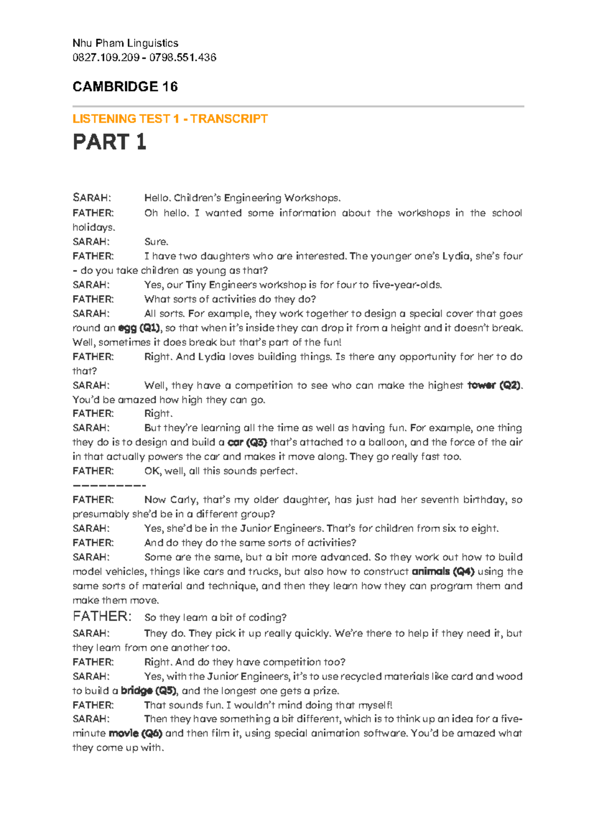 Cambridge 16 - Listening Test 1 Transcript and Insights - Studocu