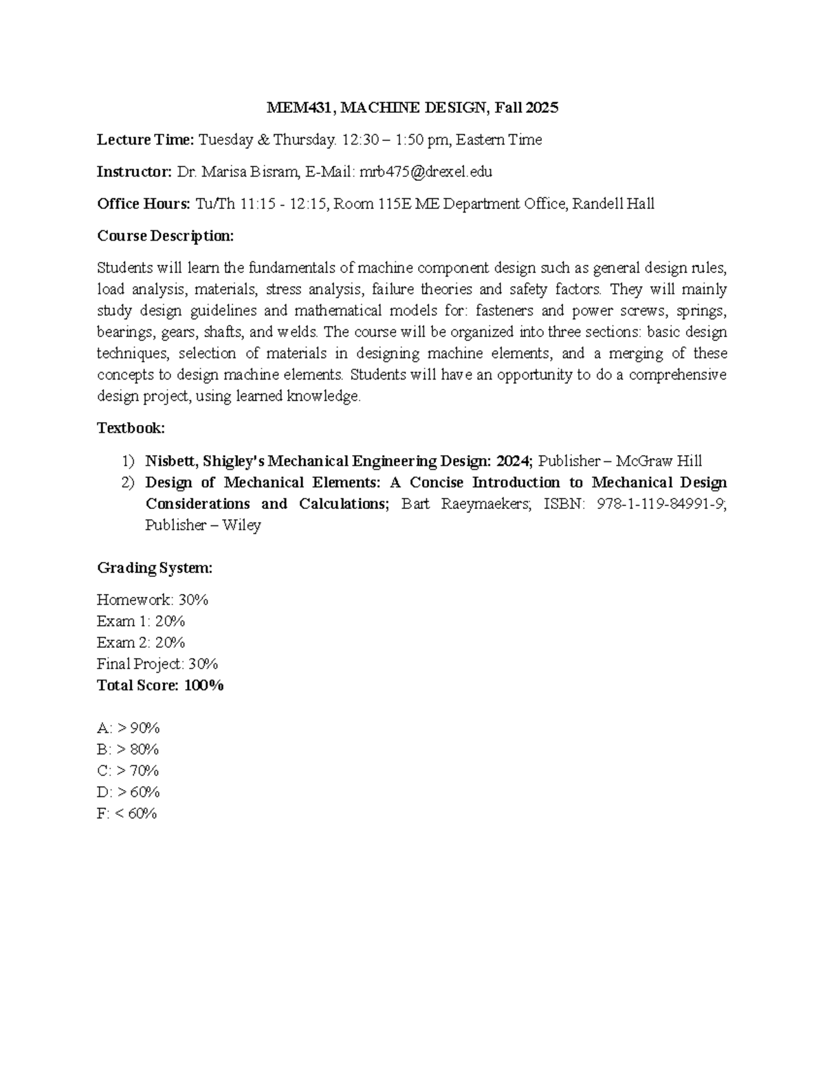 MEM431 Machine Design Syllabus - Fall 2025 Update - Studocu