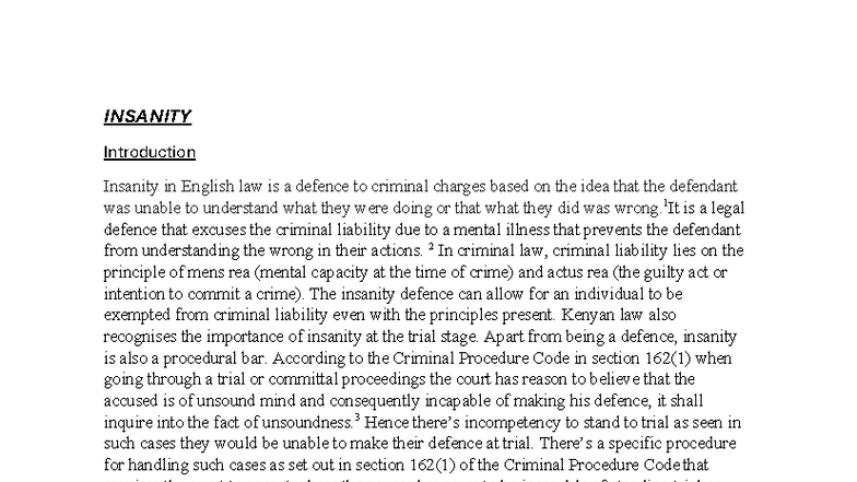 Criminal LAW CAT 1 - Understanding the Insanity Defence in Kenya - Studocu