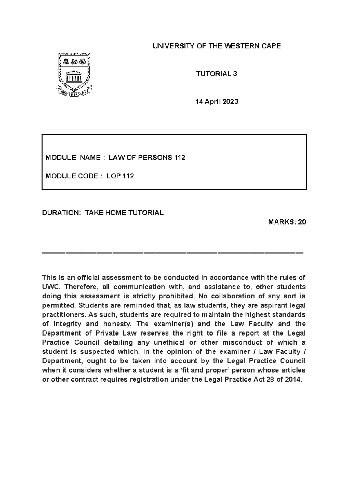 LOP 112 Take Home Tutorial 3 - Legal Subjectivity Assessment - Studocu